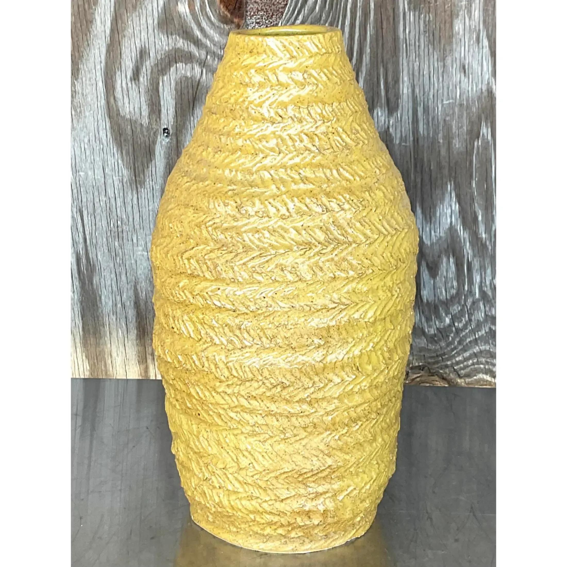 20th Century Vintage Boho Signed Studio Pottery Mustard Vase For Sale