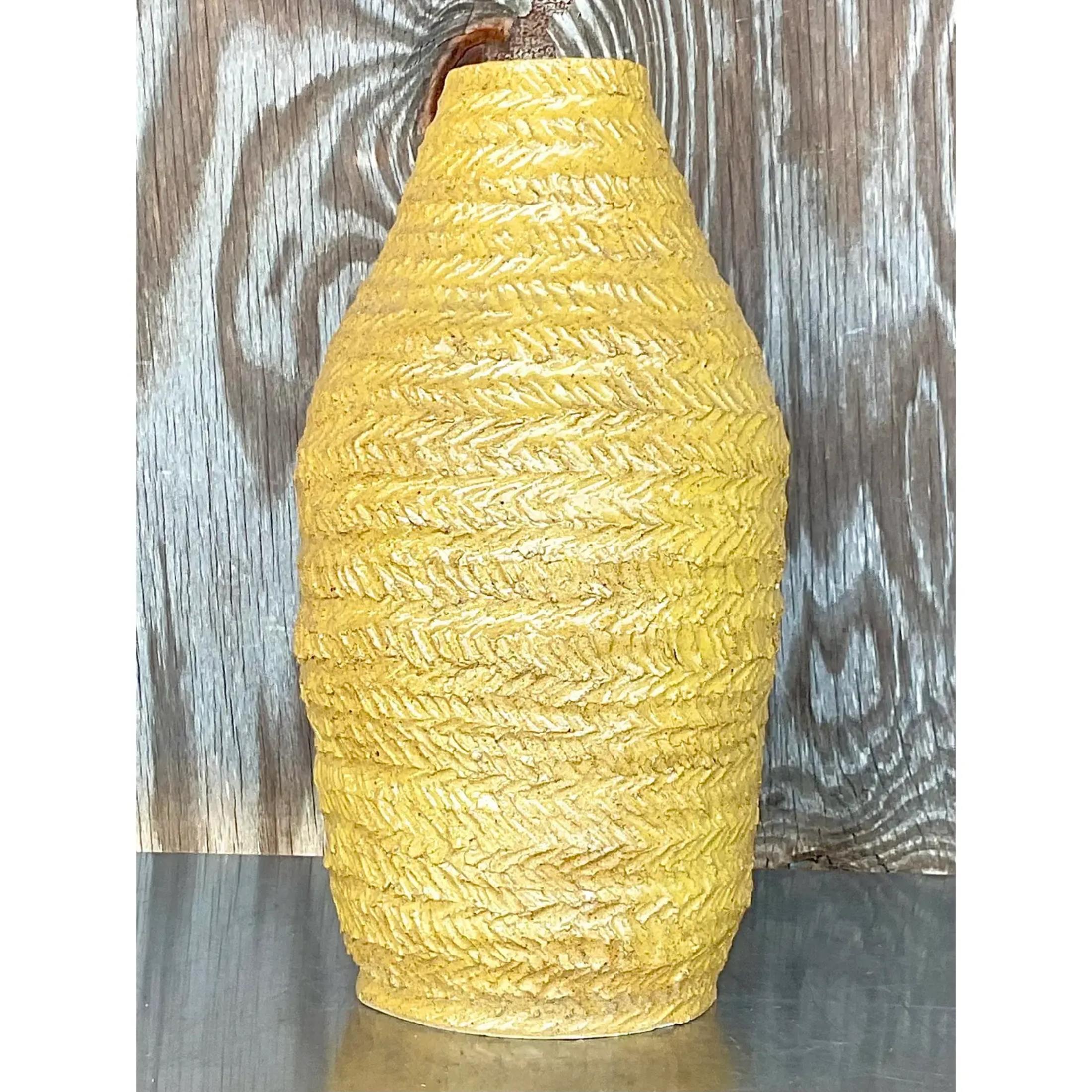Vintage Boho Signed Studio Pottery Mustard Vase For Sale 1