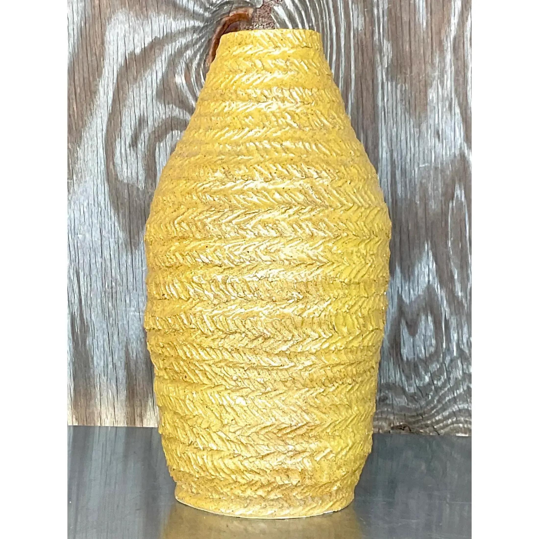 Vintage Boho Signed Studio Pottery Mustard Vase For Sale 2
