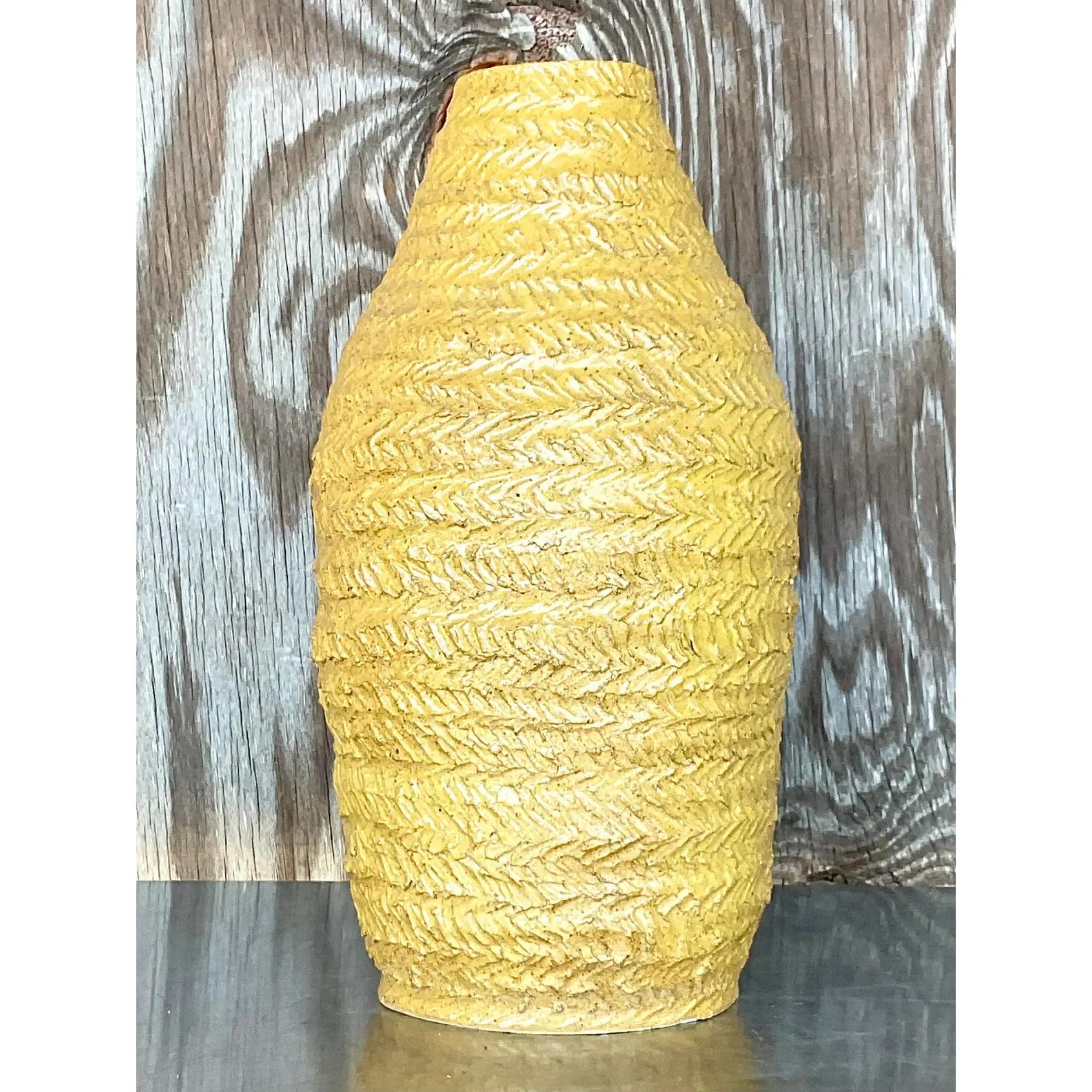 Vintage Boho Signed Studio Pottery Mustard Vase For Sale 3