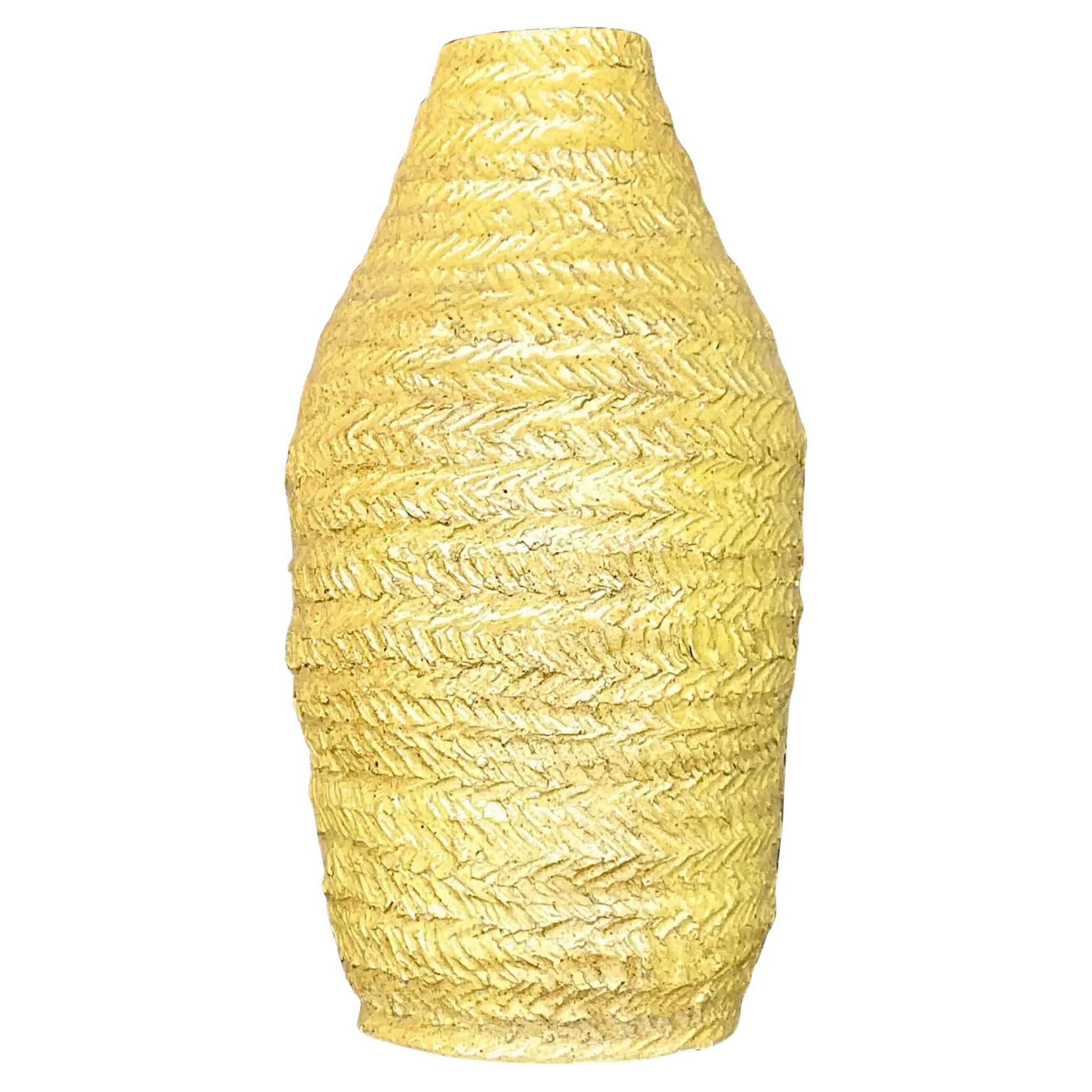 Vintage Boho Signed Studio Pottery Mustard Vase For Sale