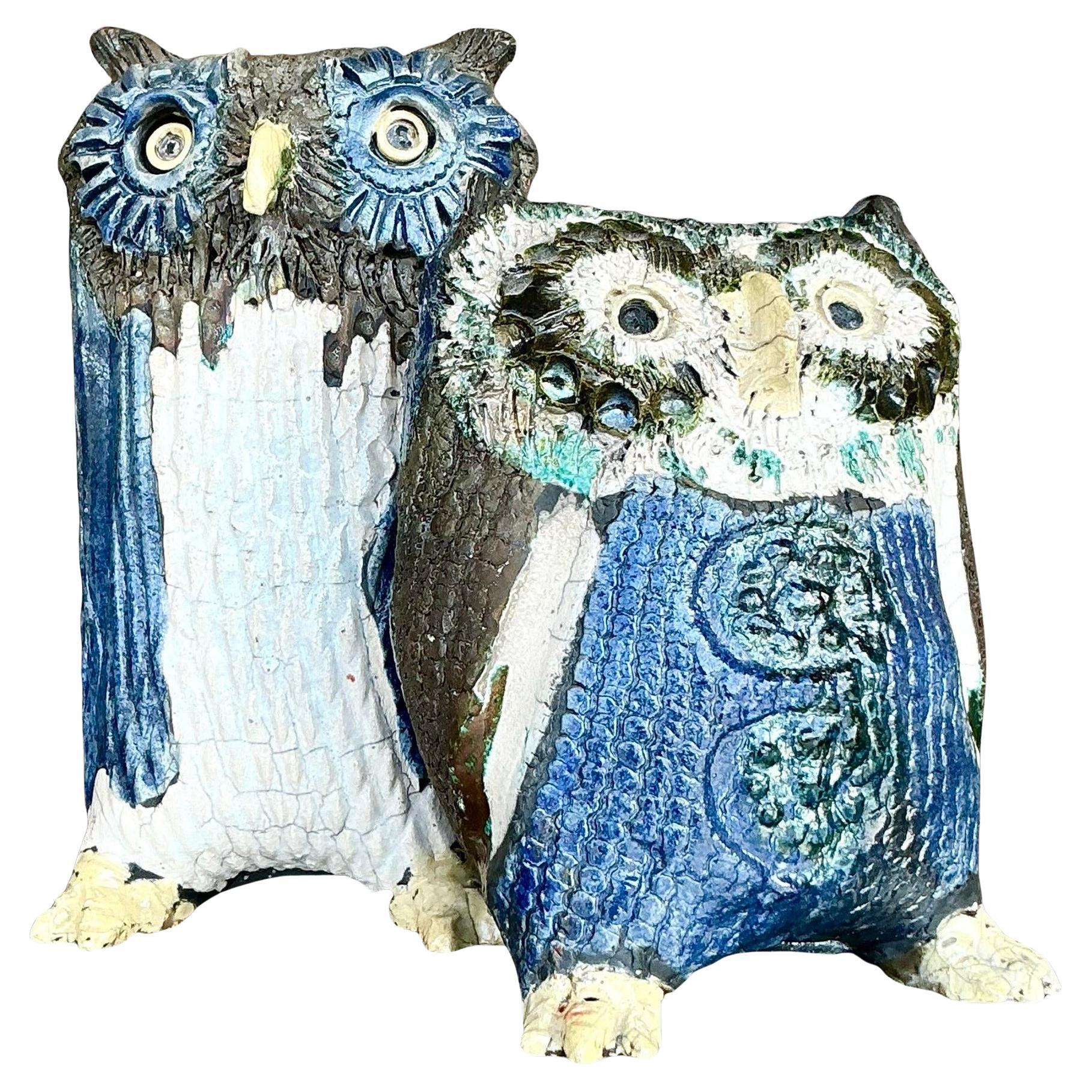 Vintage Boho Firmado Studio Pottery Búhos - Set de 2