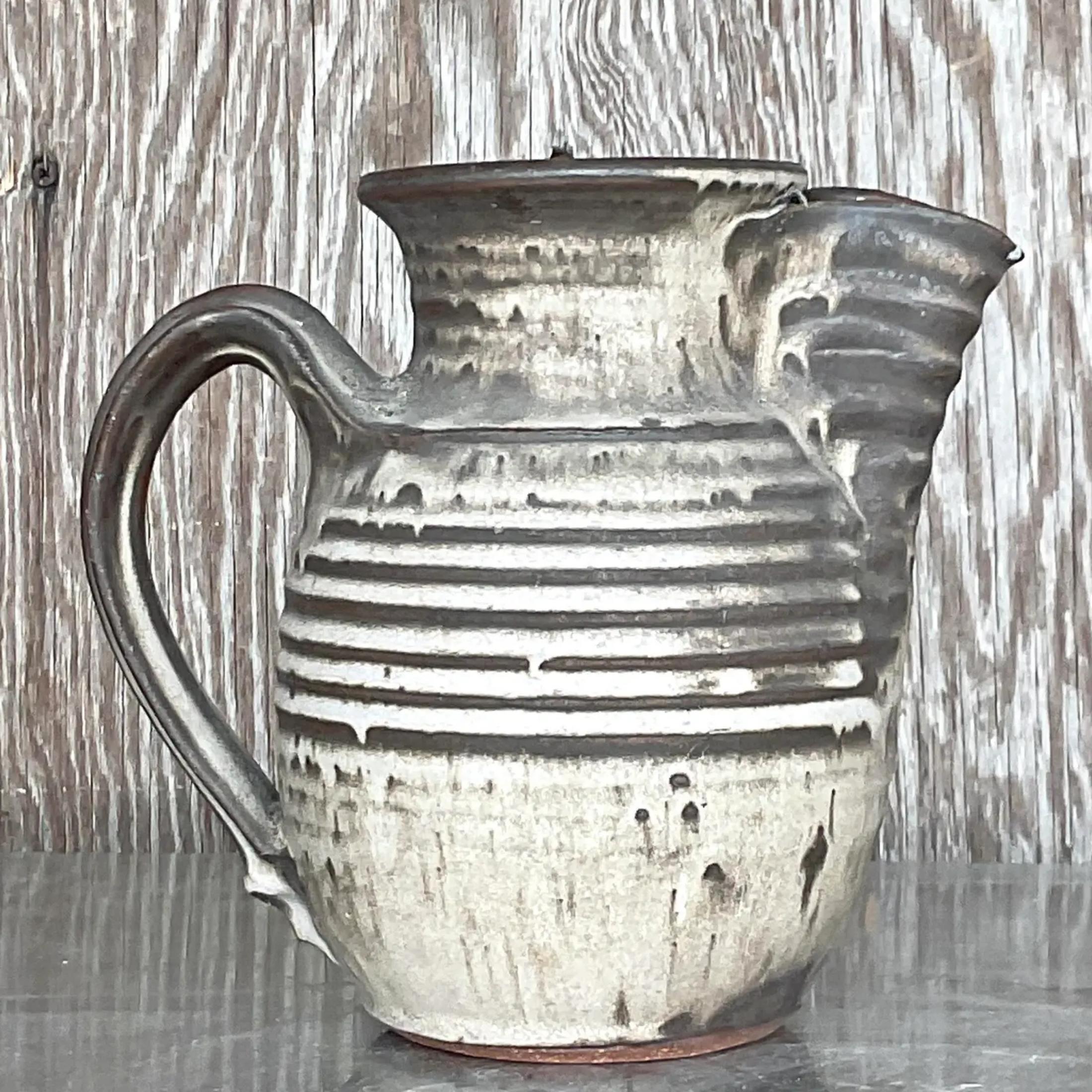 Vintage Boho Signed Studio Pottery Pitcher In Good Condition For Sale In west palm beach, FL