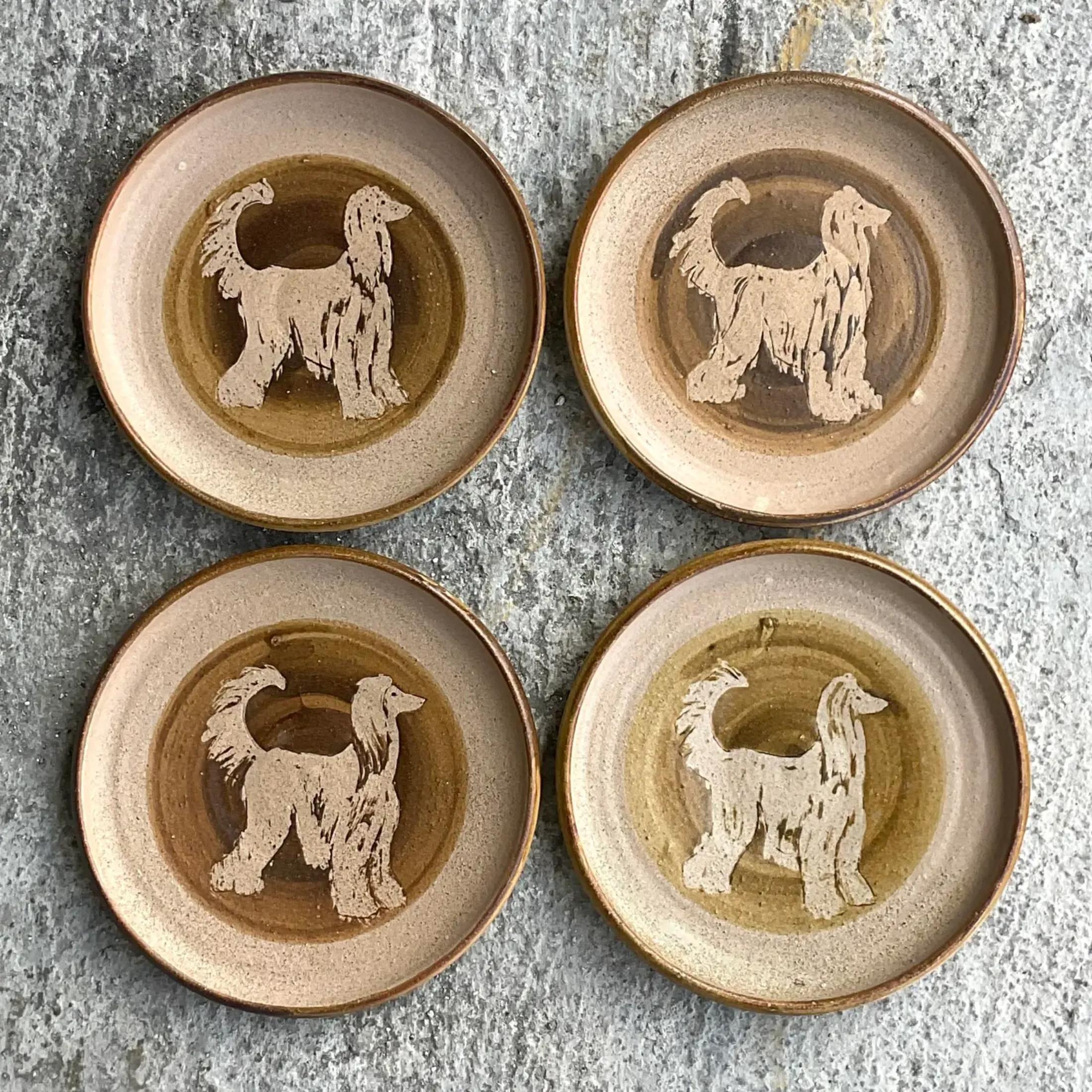 20ième siècle Vintage Boho Signed Studio Pottery Plates With Afghan Dogs - Set of 4 en vente