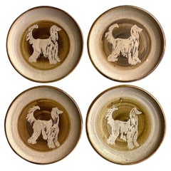 Retro Boho Signed Studio Pottery Plates With Afghan Dogs - Set of 4