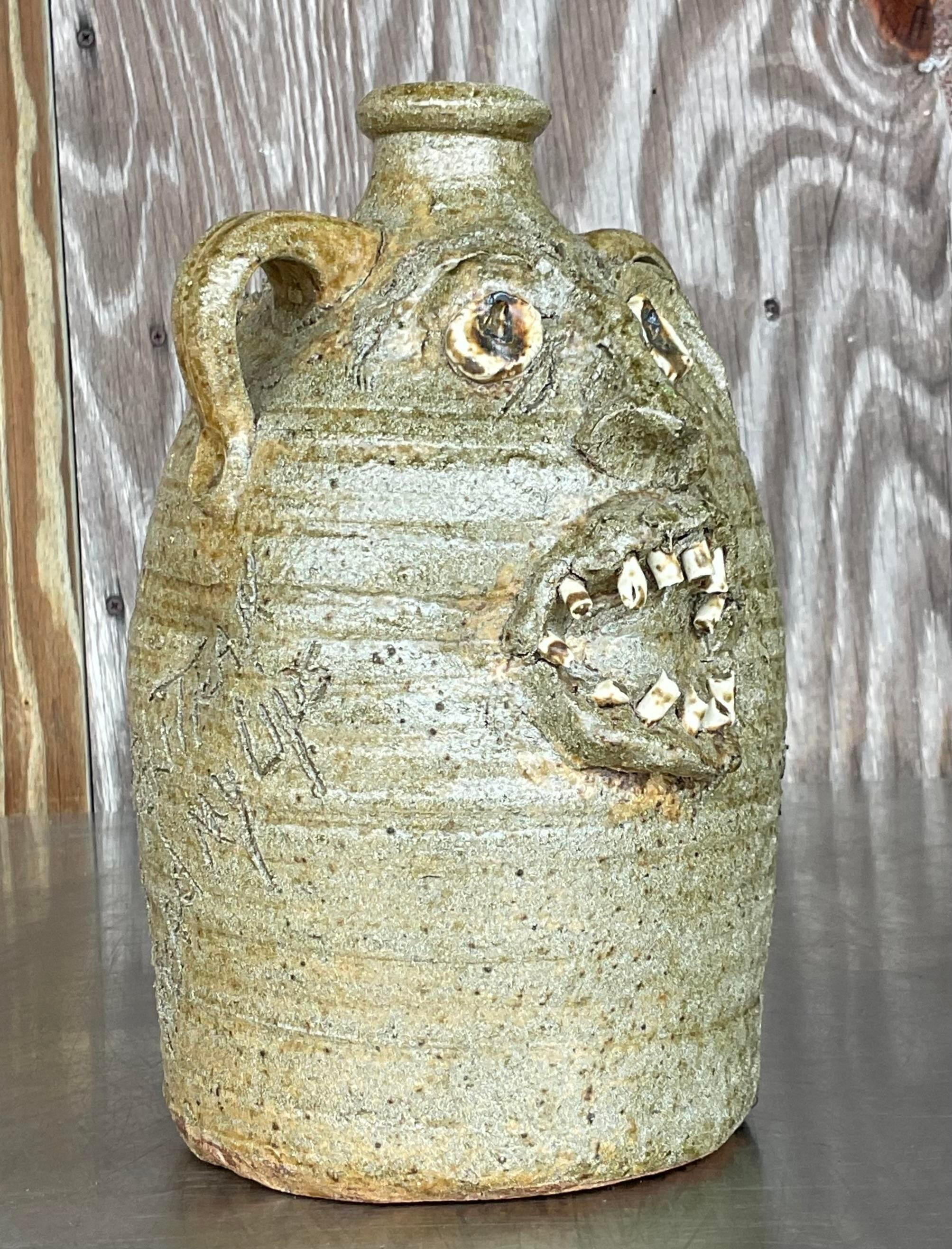 Vintage Boho Signed Studio Pottery Two-Face Jug In Good Condition For Sale In west palm beach, FL