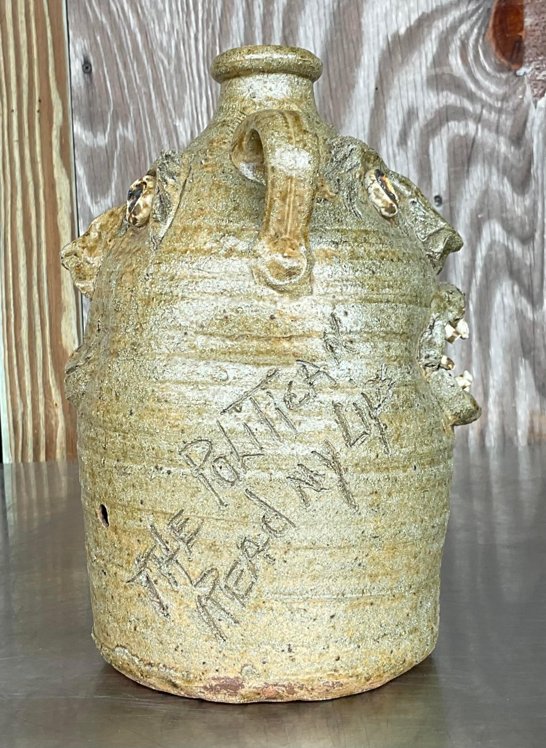 20th Century Vintage Boho Signed Studio Pottery Two-Face Jug For Sale