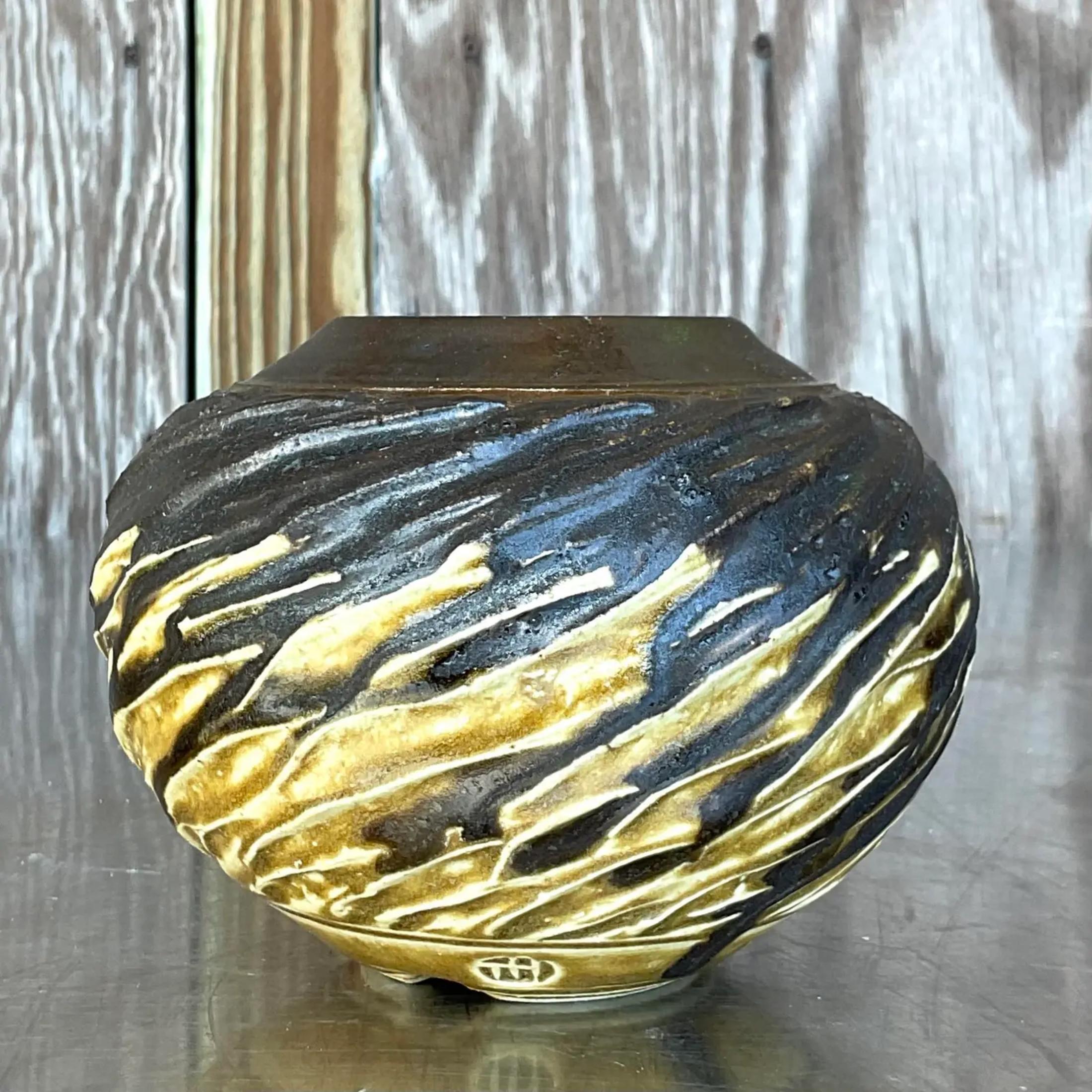 Bohemian Vintage Boho Signed Studio Pottery Vase For Sale