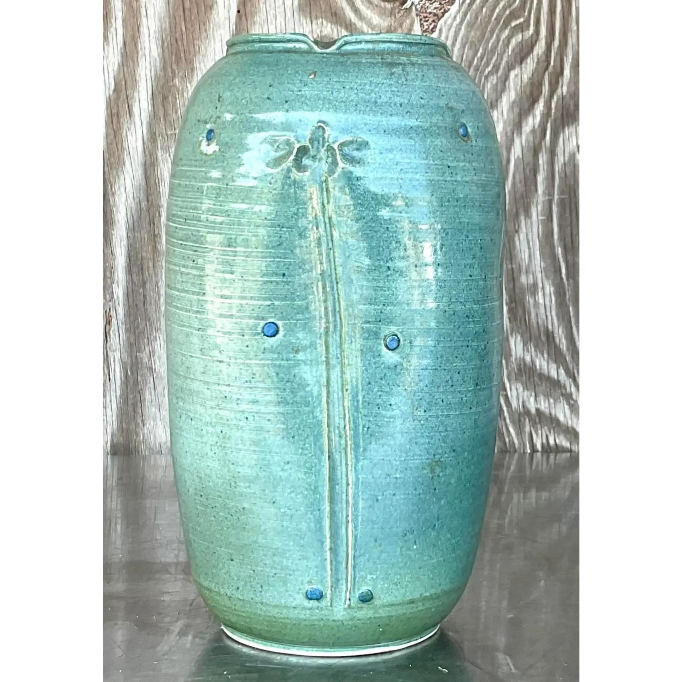 Bohemian Vintage Boho Signed Studio Pottery Vase For Sale