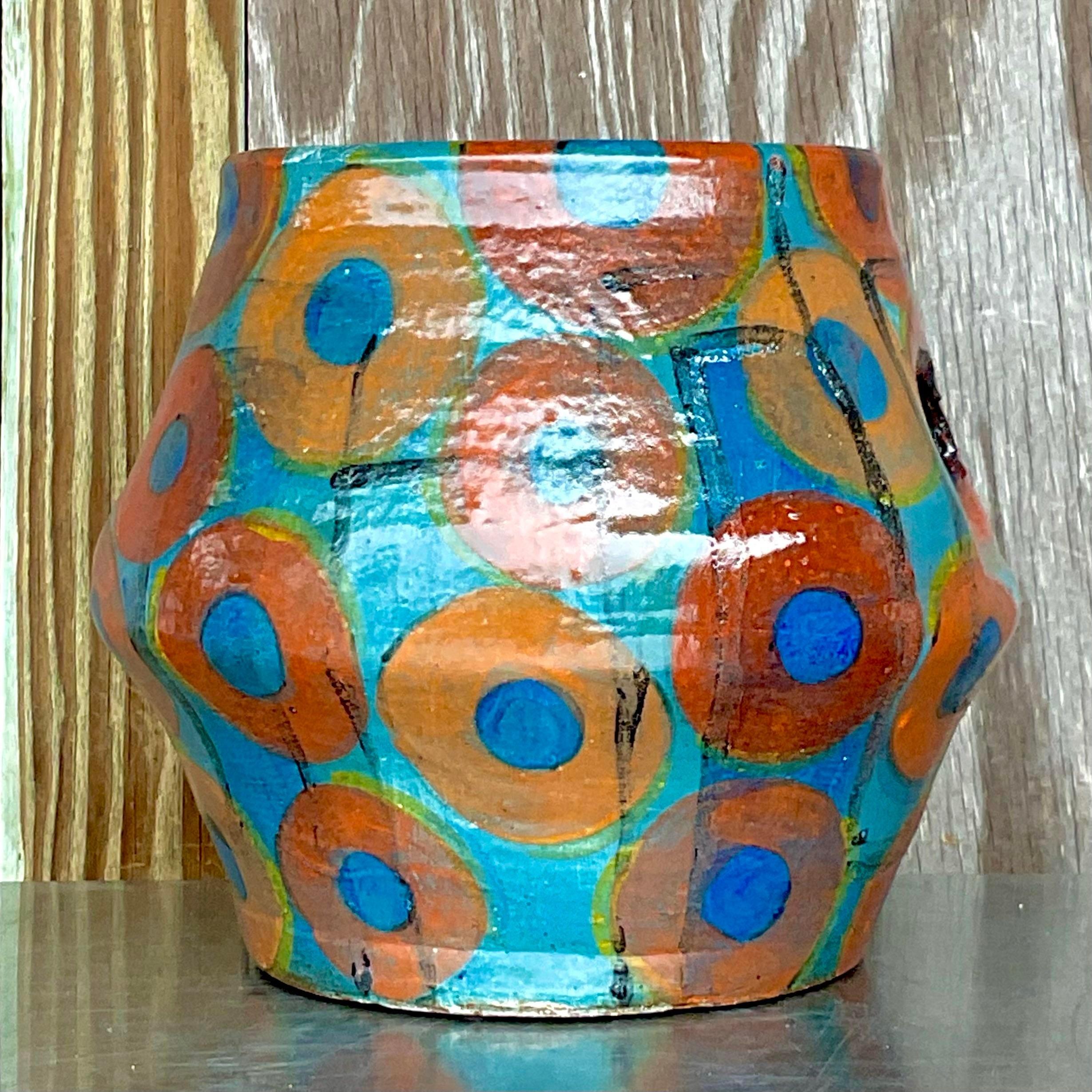 Vintage Boho Signed Studio Pottery Vase In Good Condition For Sale In west palm beach, FL