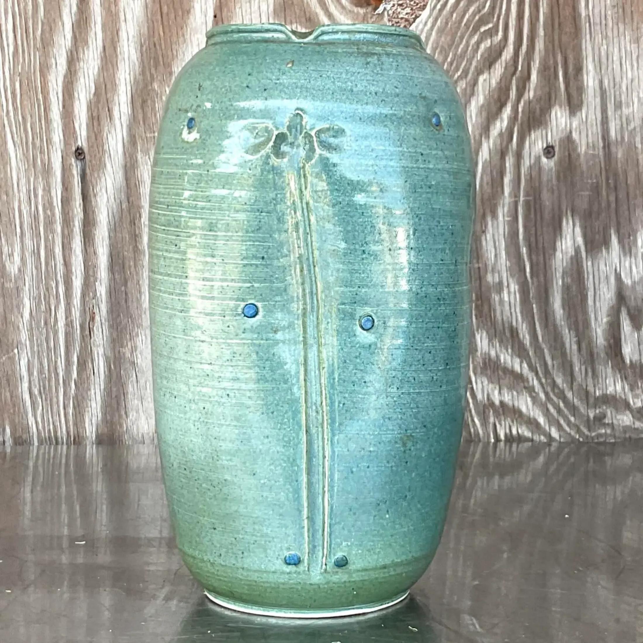 American Vintage Boho Signed Studio Pottery Vase For Sale
