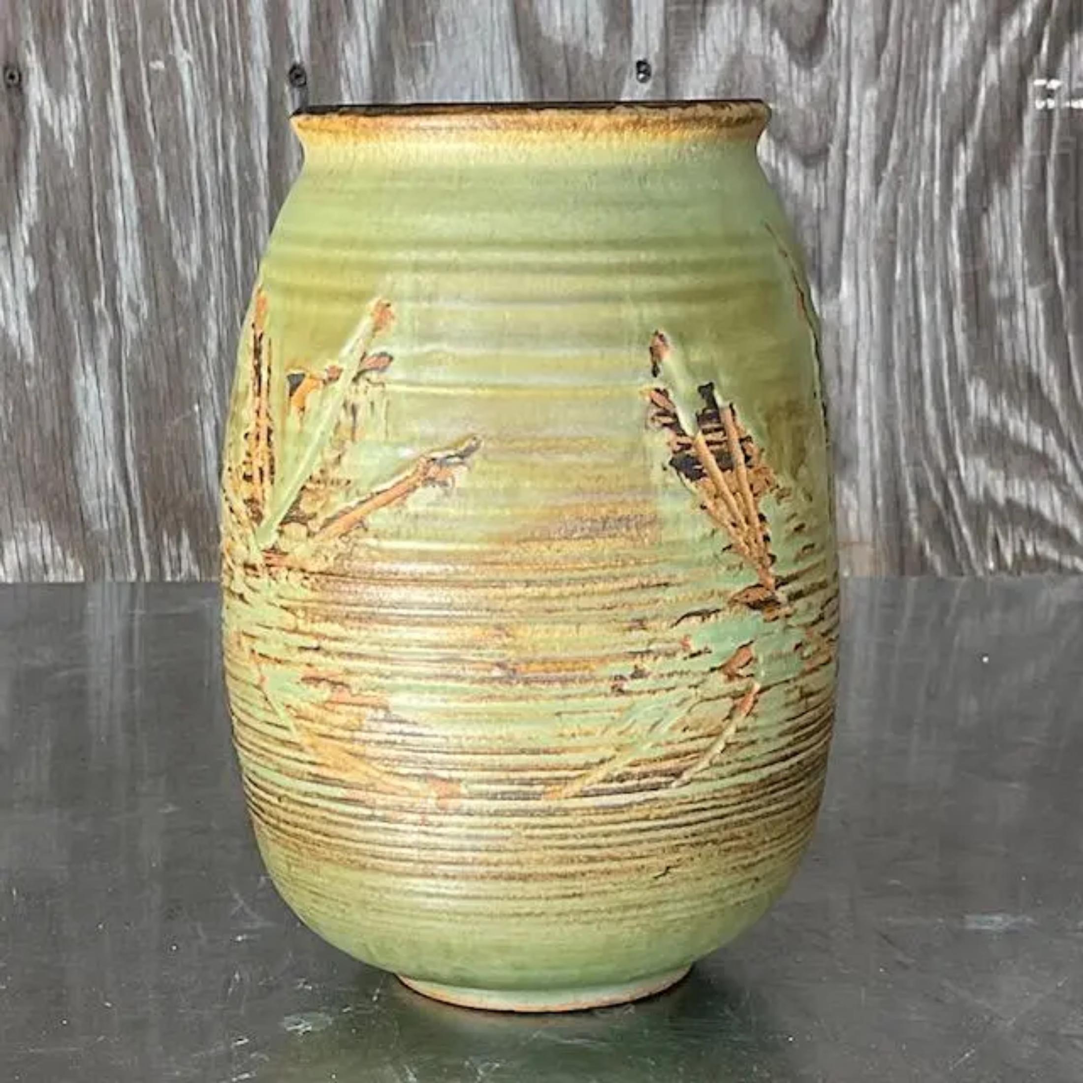American Vintage Boho Signed Studio Pottery Vase For Sale