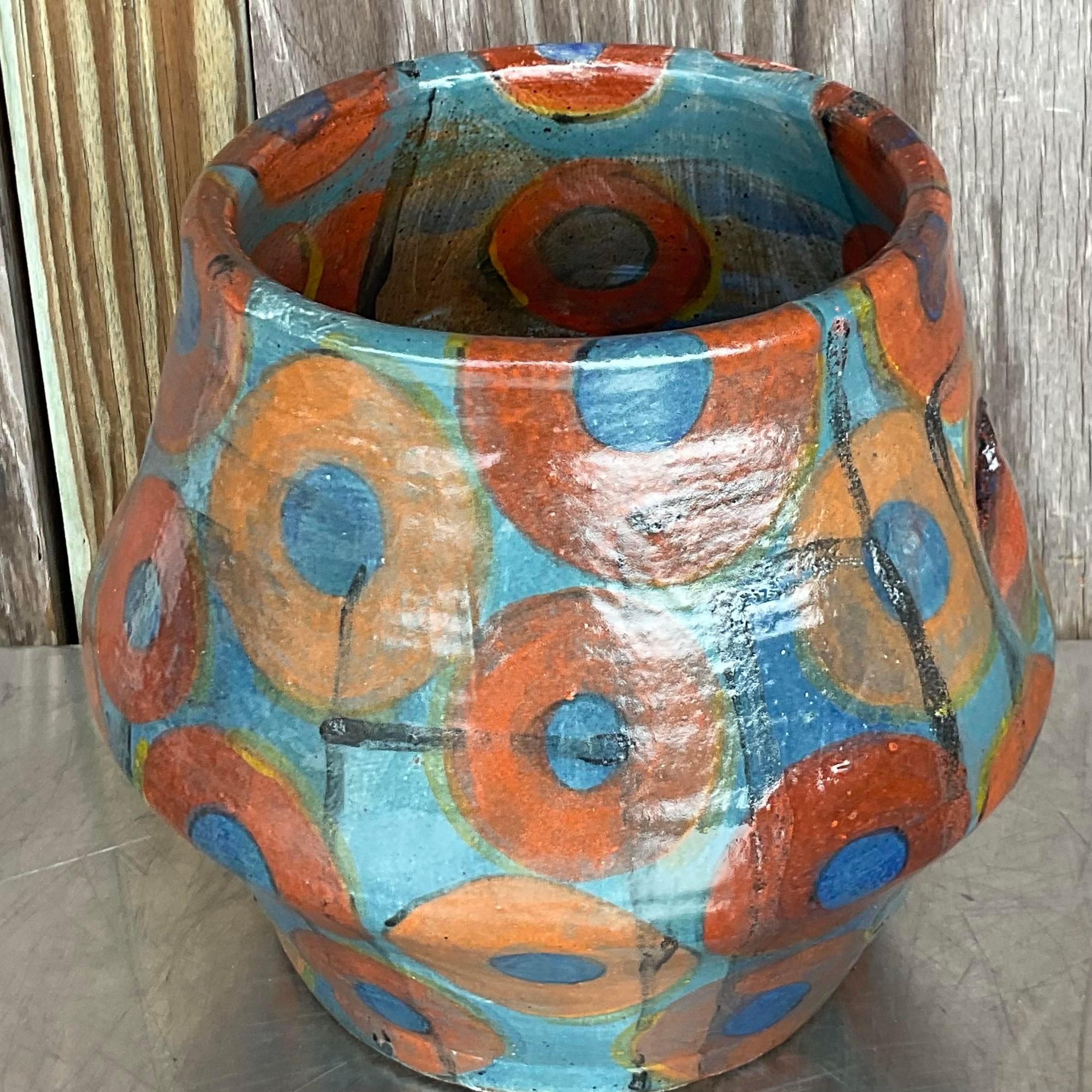 Contemporary Vintage Boho Signed Studio Pottery Vase For Sale