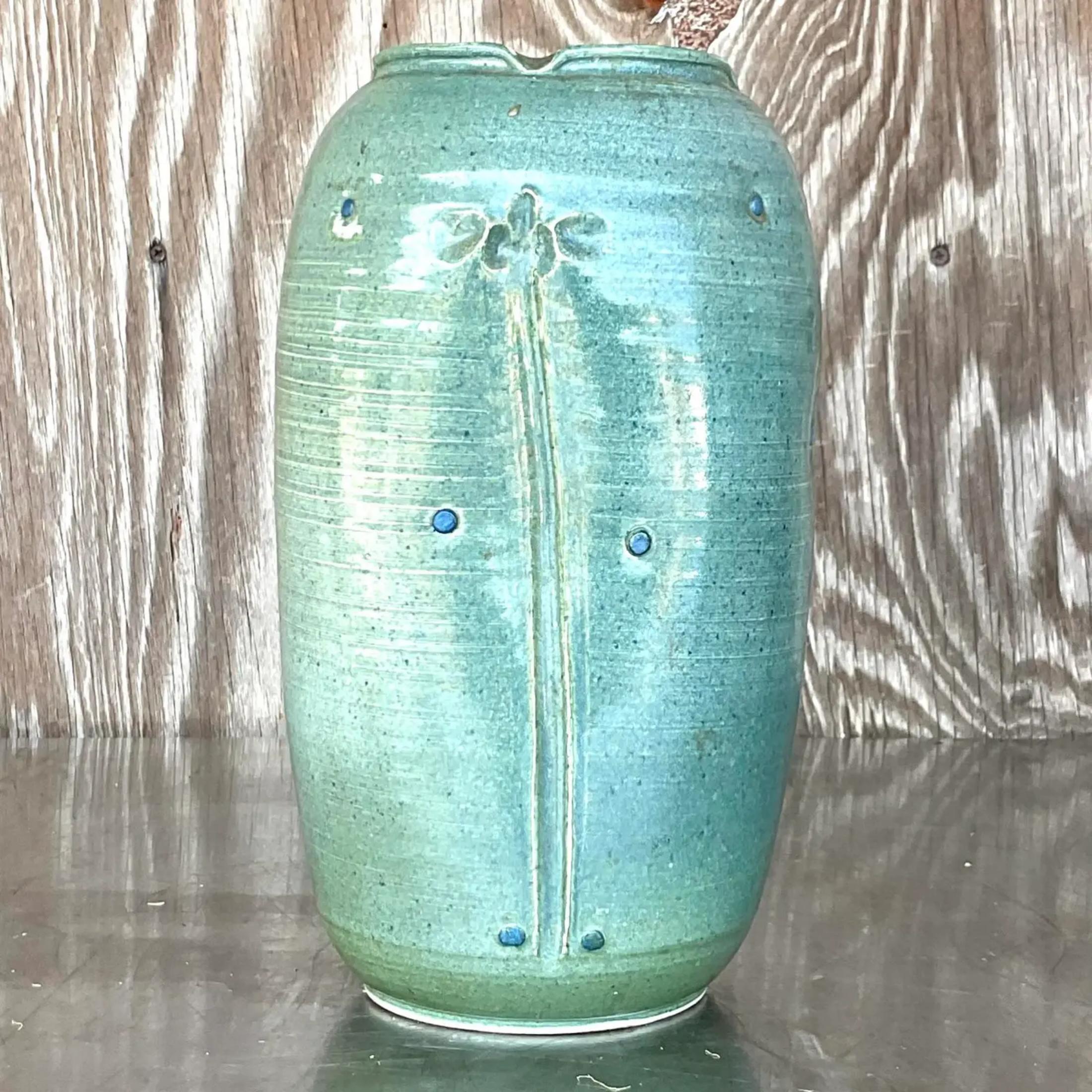 20th Century Vintage Boho Signed Studio Pottery Vase For Sale