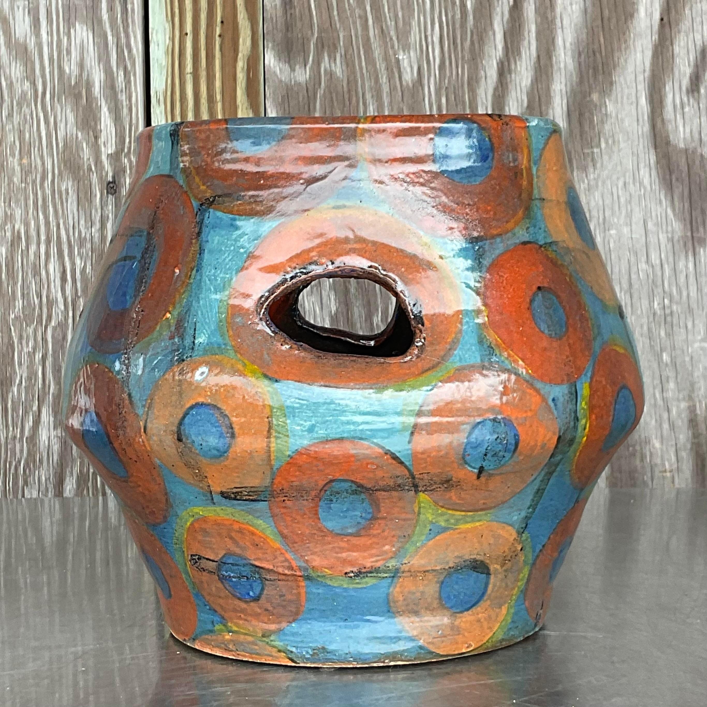 Vintage Boho Signed Studio Pottery Vase For Sale 2