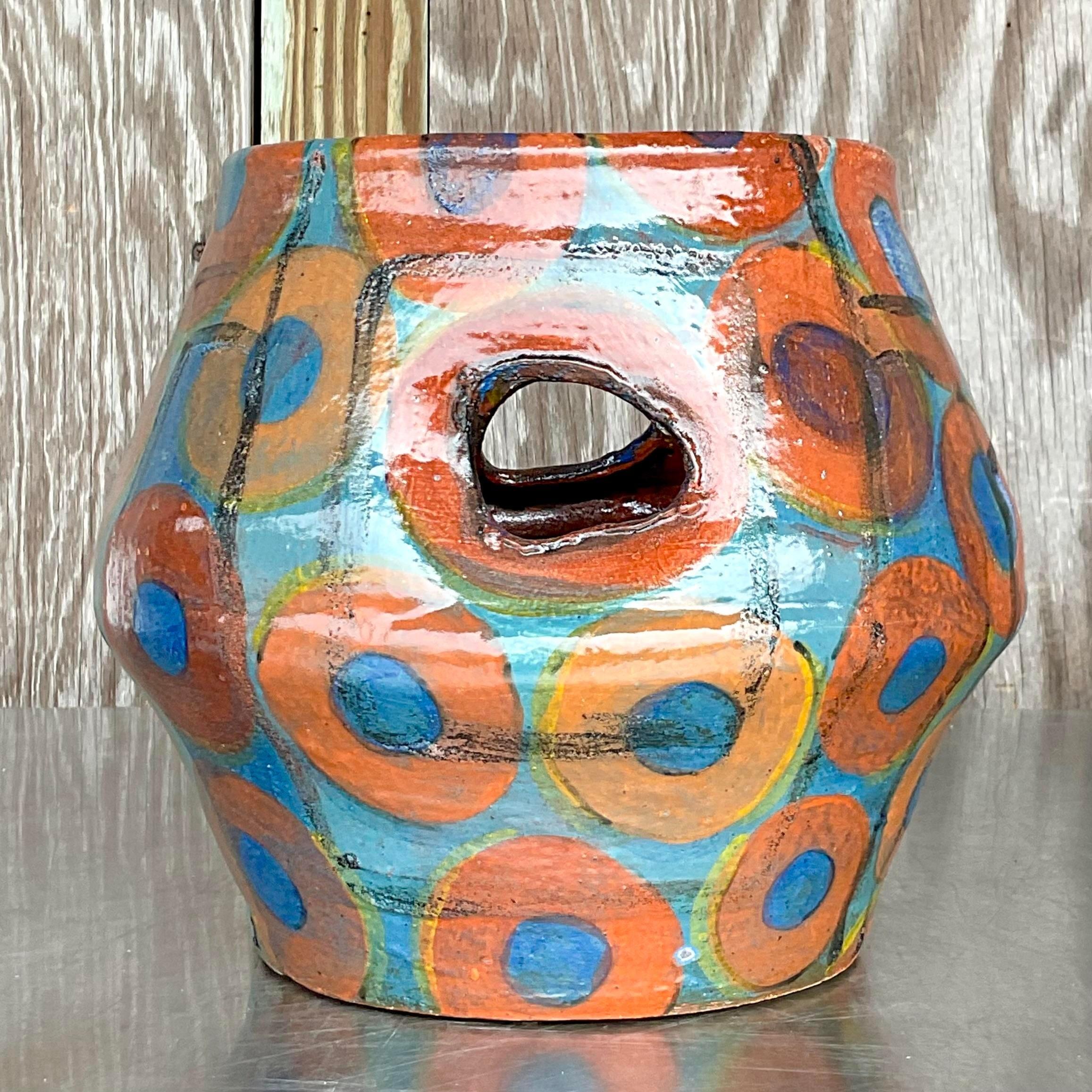 Vintage Boho Signed Studio Pottery Vase For Sale 3