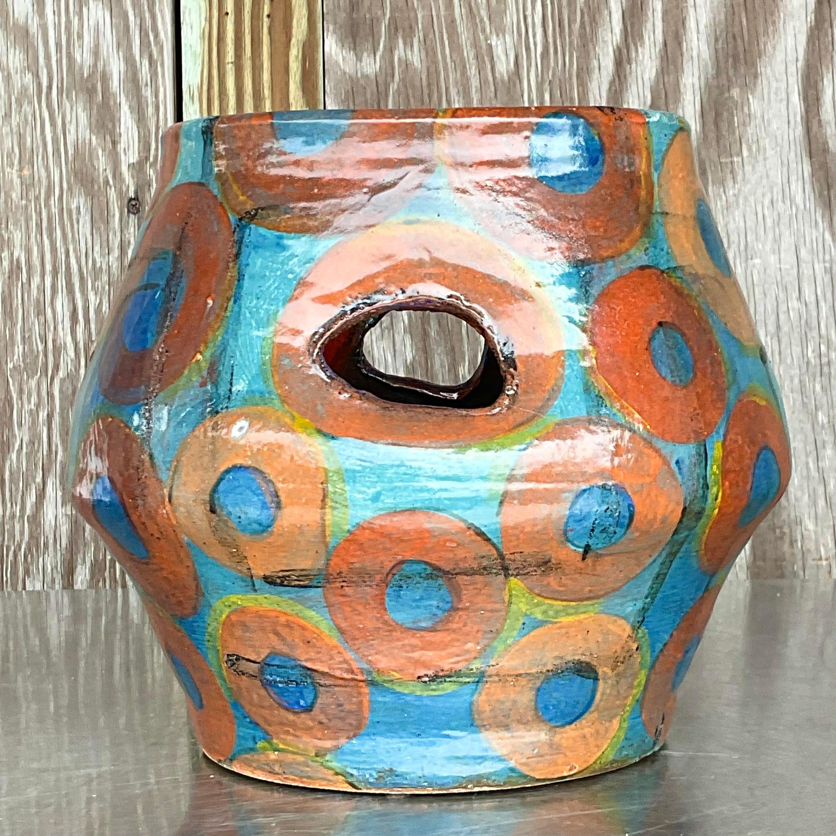 Vintage Boho Signed Studio Pottery Vase For Sale 4