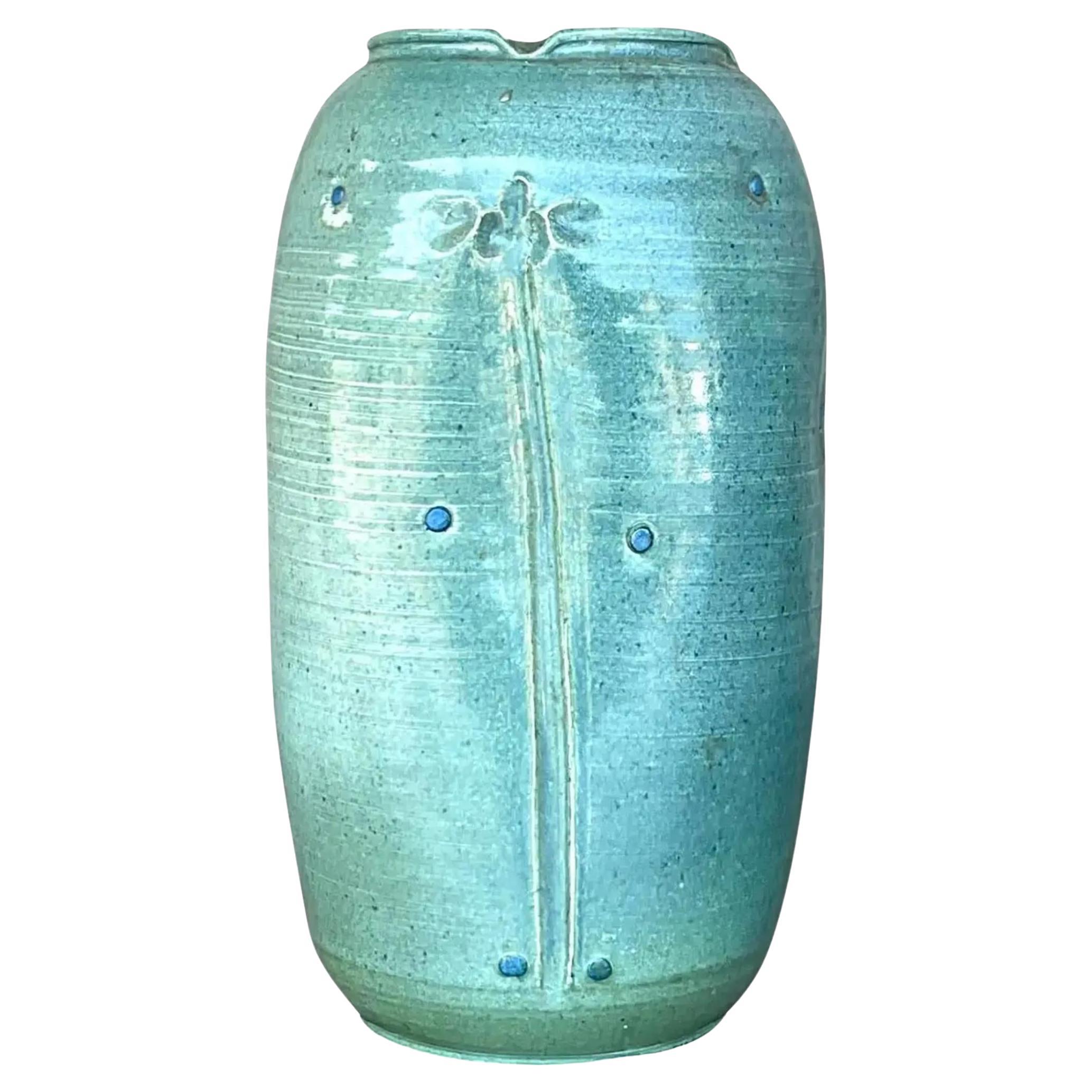 Vintage Boho Signed Studio Pottery Vase For Sale