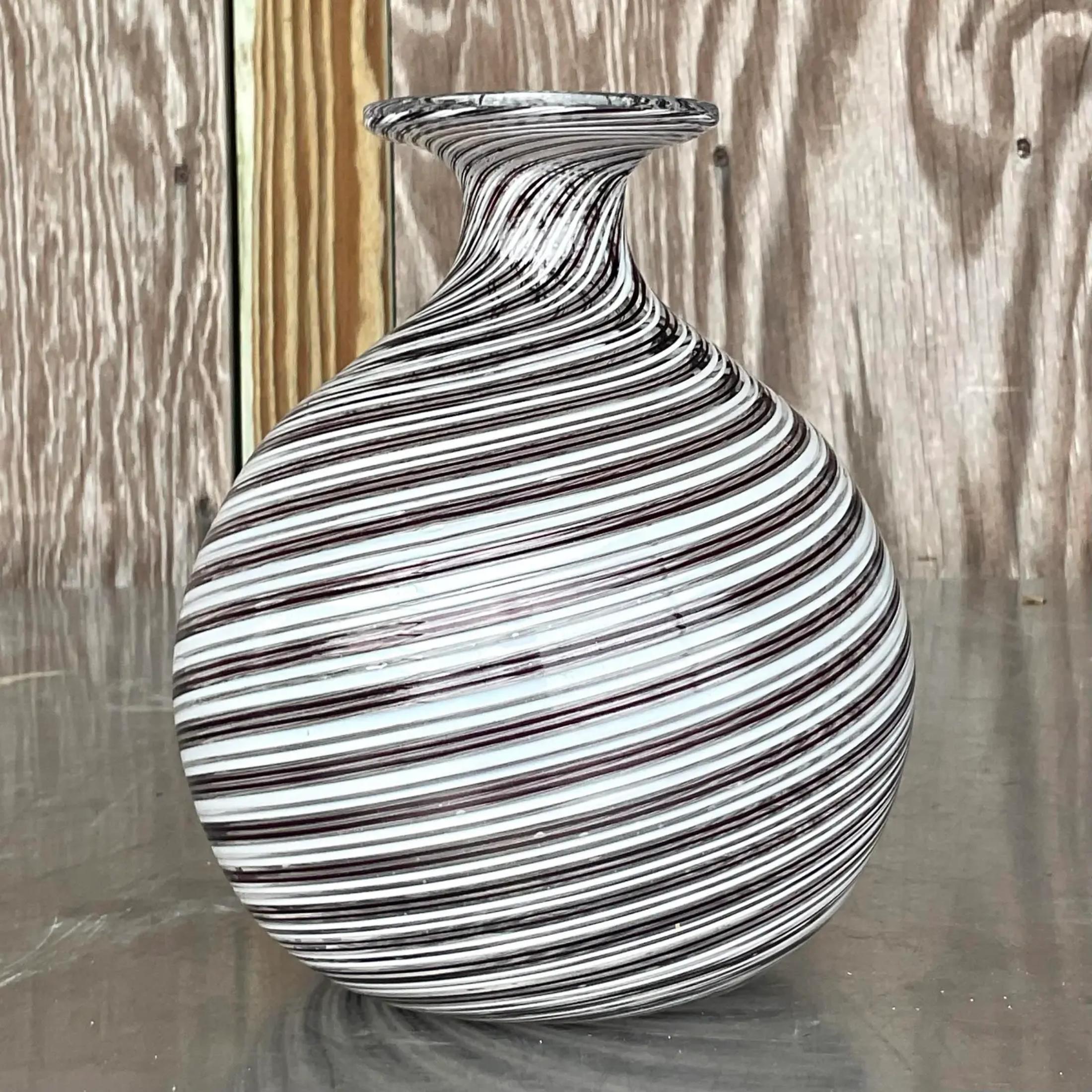 American Vintage Boho Signed Swirl Art Glass Vase For Sale
