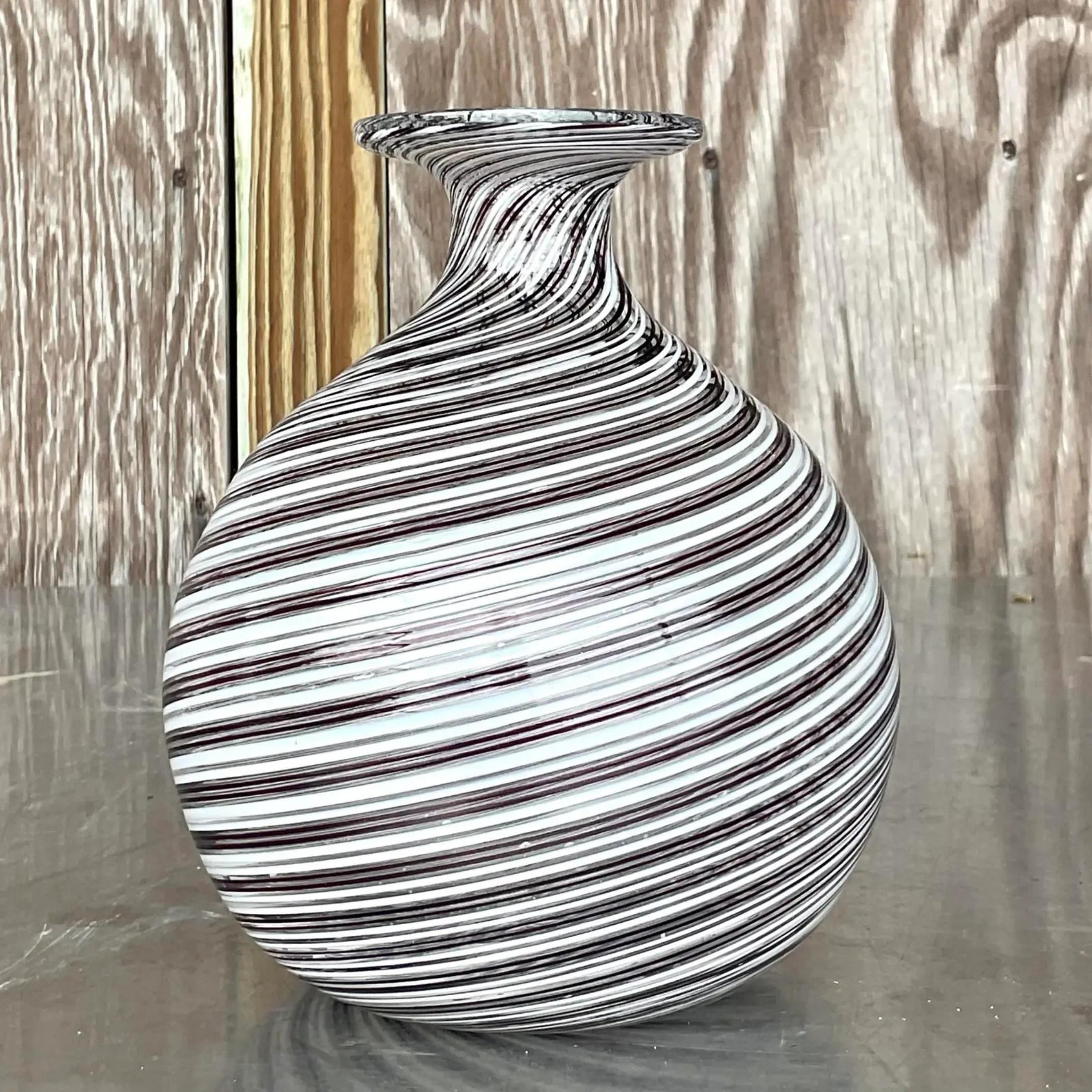 20th Century Vintage Boho Signed Swirl Art Glass Vase For Sale