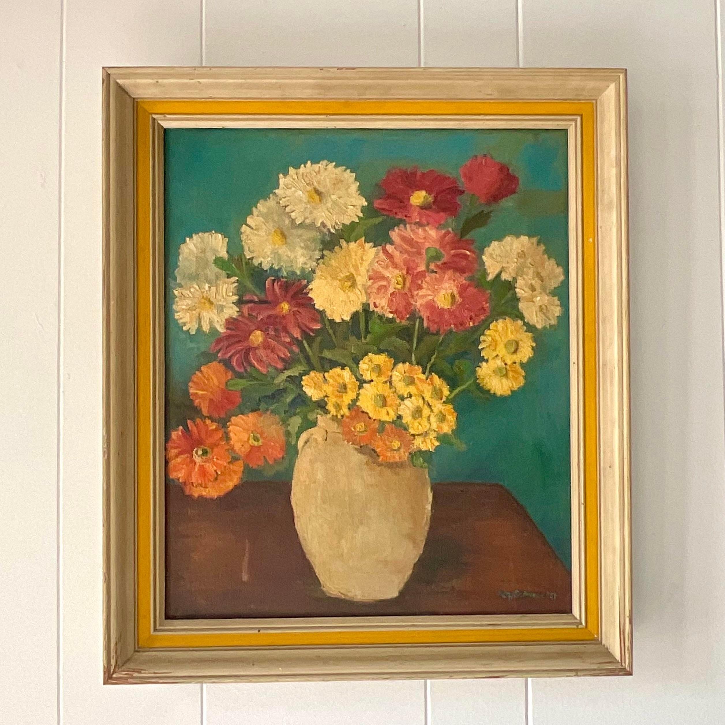 American Vintage Boho Signed Z Floral Original Oil on Canvas For Sale