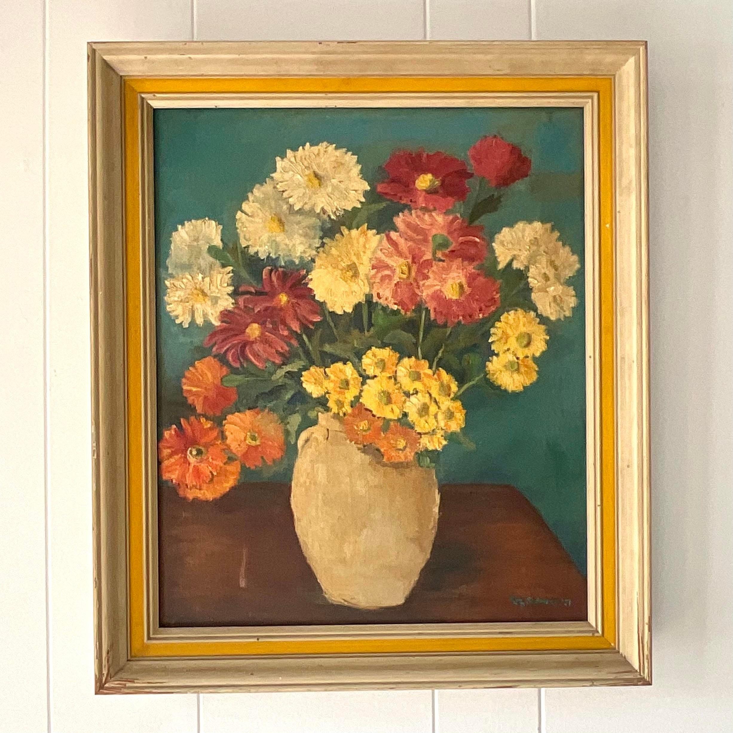 Milieu du XXe siècle Huile sur toile florale originale de Boho signée Z en vente