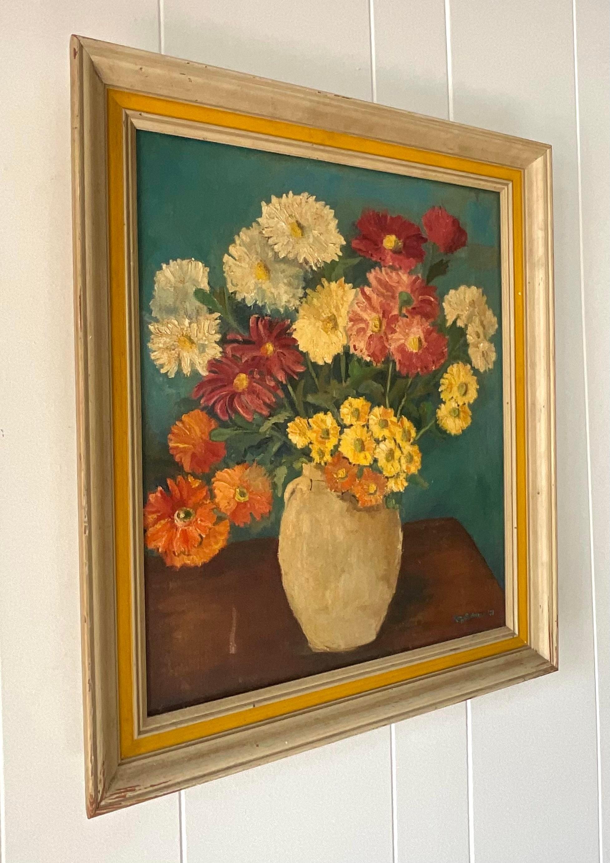 Vintage Boho Signed Z Floral Original Oil on Canvas For Sale 3