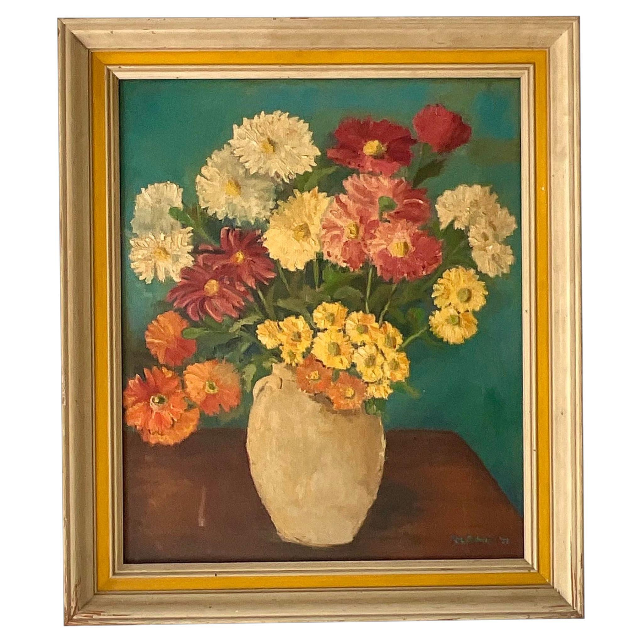 Vintage Boho Signed Z Floral Original Oil on Canvas For Sale
