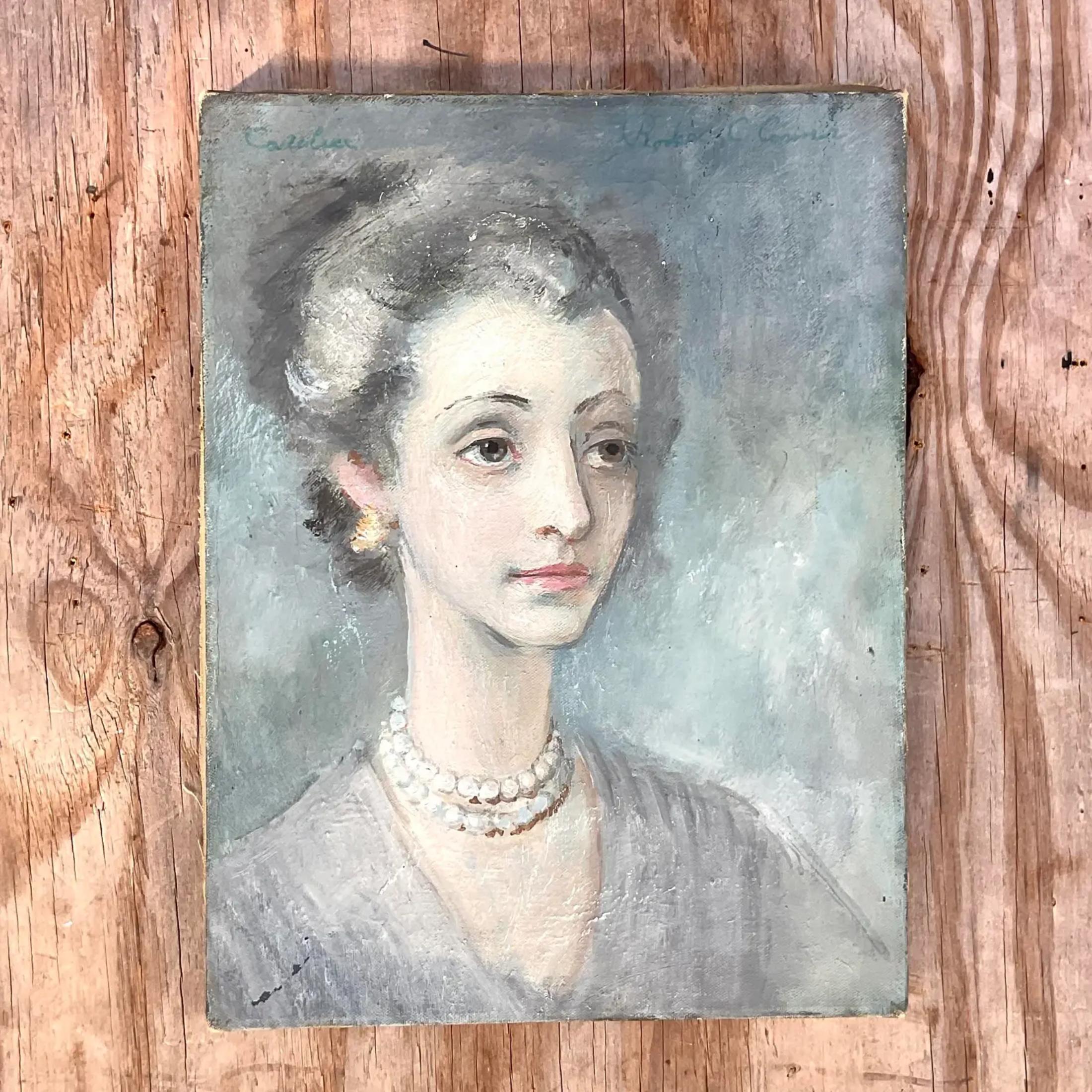 A fantastic vintage Boho original oil painting on canvas. A chic portrait of a fine lady in cool grey tones. Signed by the artist. Acquired from a Miami estate
