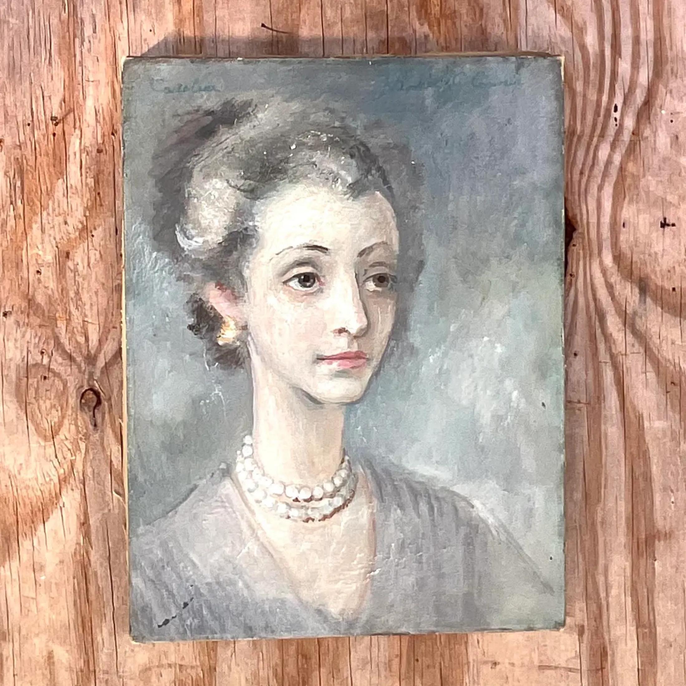 Bohemian Vintage Boho Signed Z Original Oil Portrait of Woman For Sale