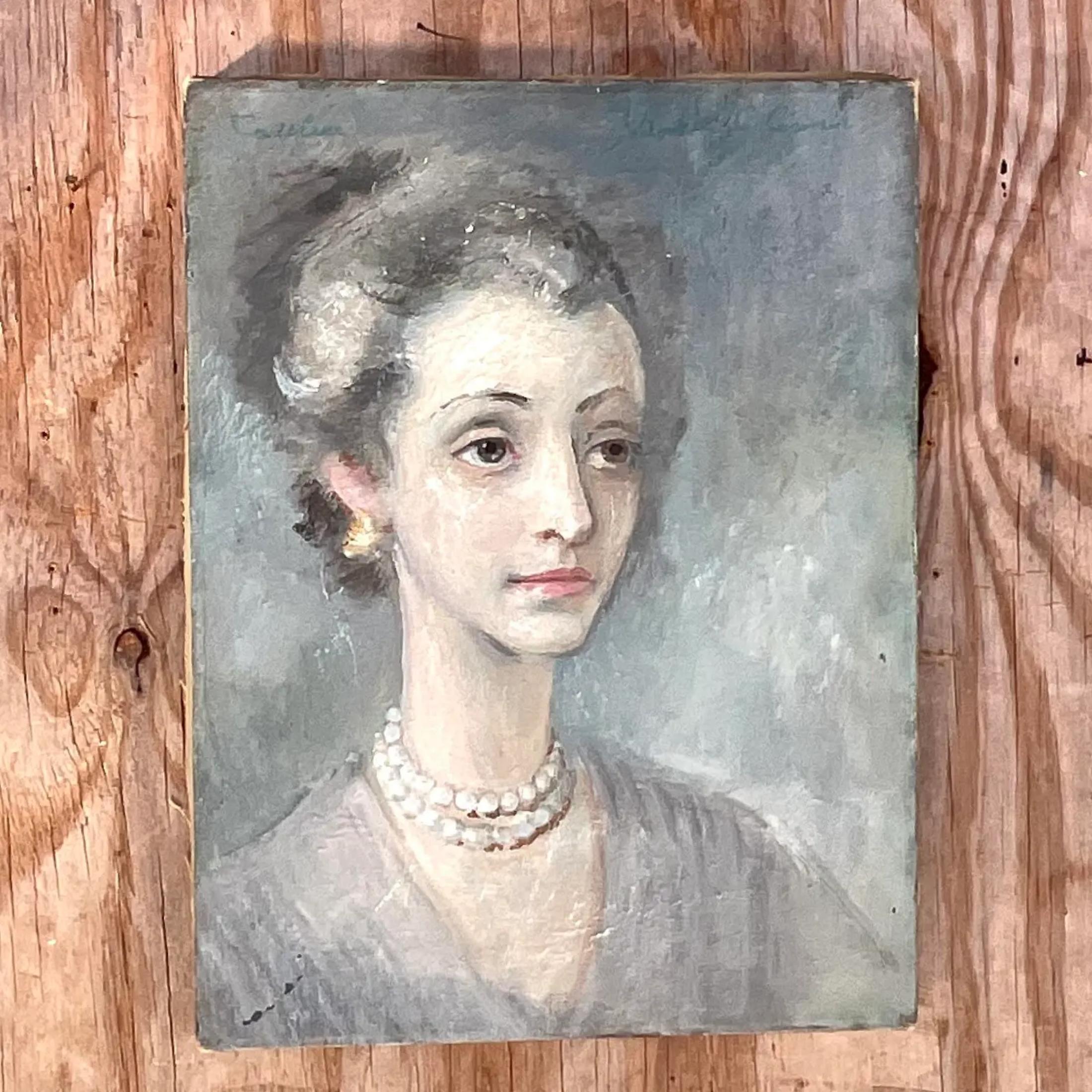 American Vintage Boho Signed Z Original Oil Portrait of Woman For Sale