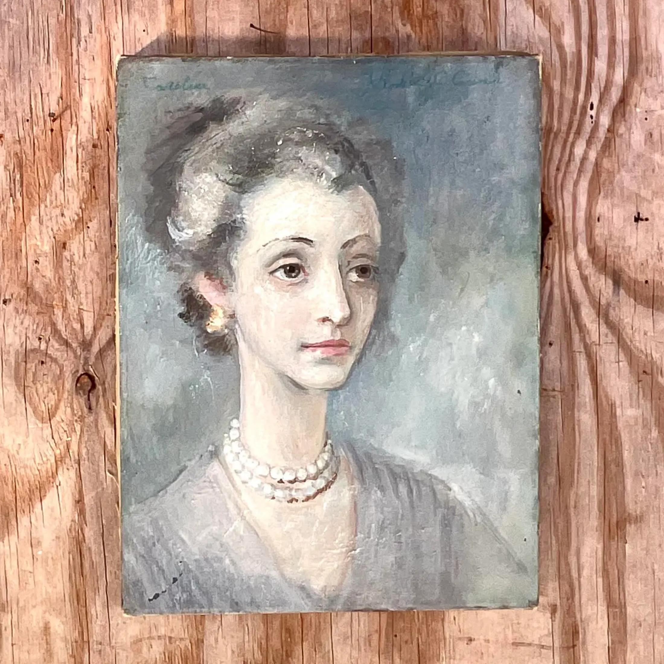 Vintage Boho Signed Z Original Oil Portrait of Woman In Good Condition For Sale In west palm beach, FL