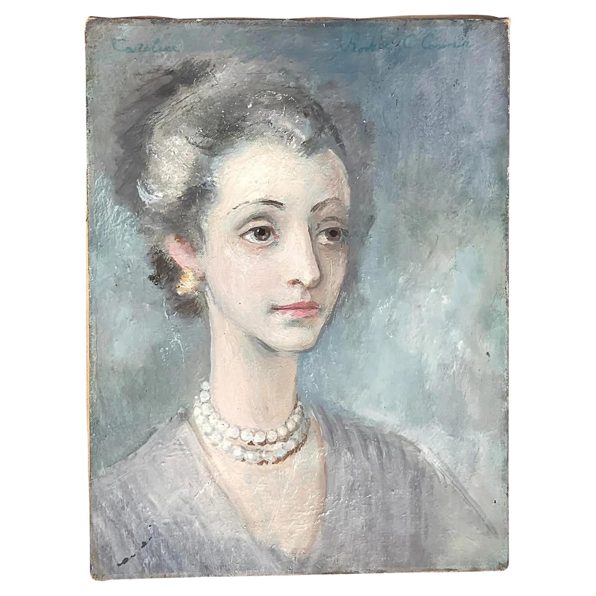 Vintage Boho Signed Z Original Oil Portrait of Woman en vente