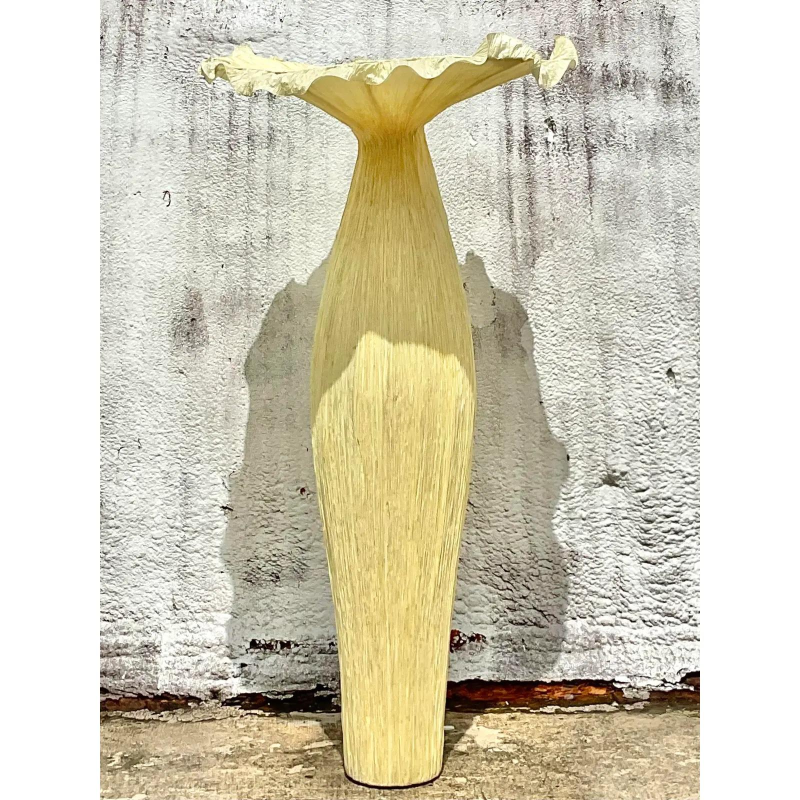A fantastic vintage pleated silk over metal floor lamp. A beautiful organic shape inspired by shapes found in nature. Made by the creatives at Aqua Creations and called “Morning Glory”. Created by hand. Monumental in size and drama.

The lamp is in