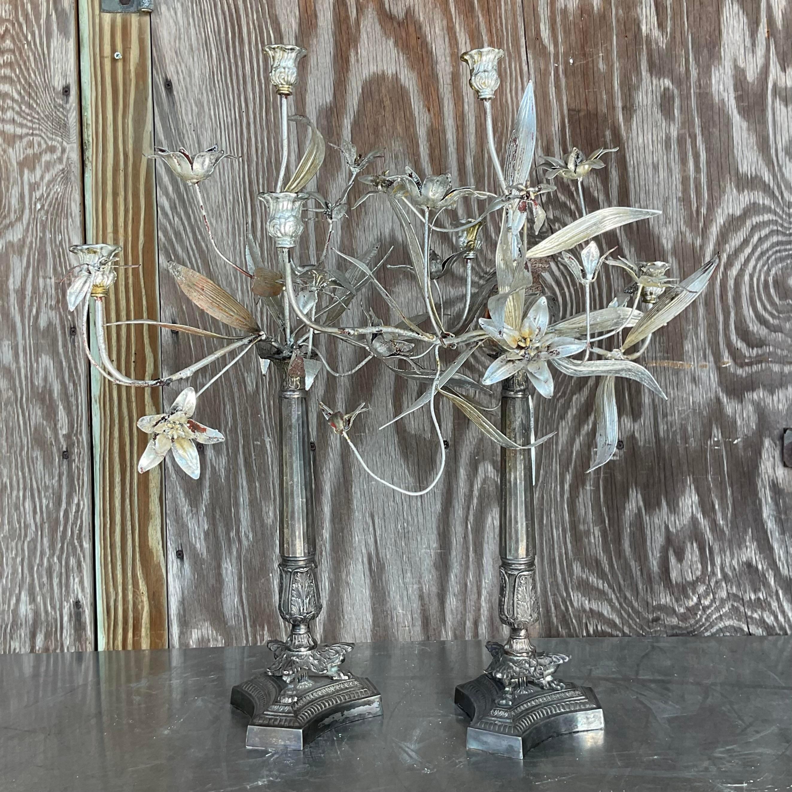 Vintage Boho Silver Floral Candelabras - a Pair In Good Condition For Sale In west palm beach, FL