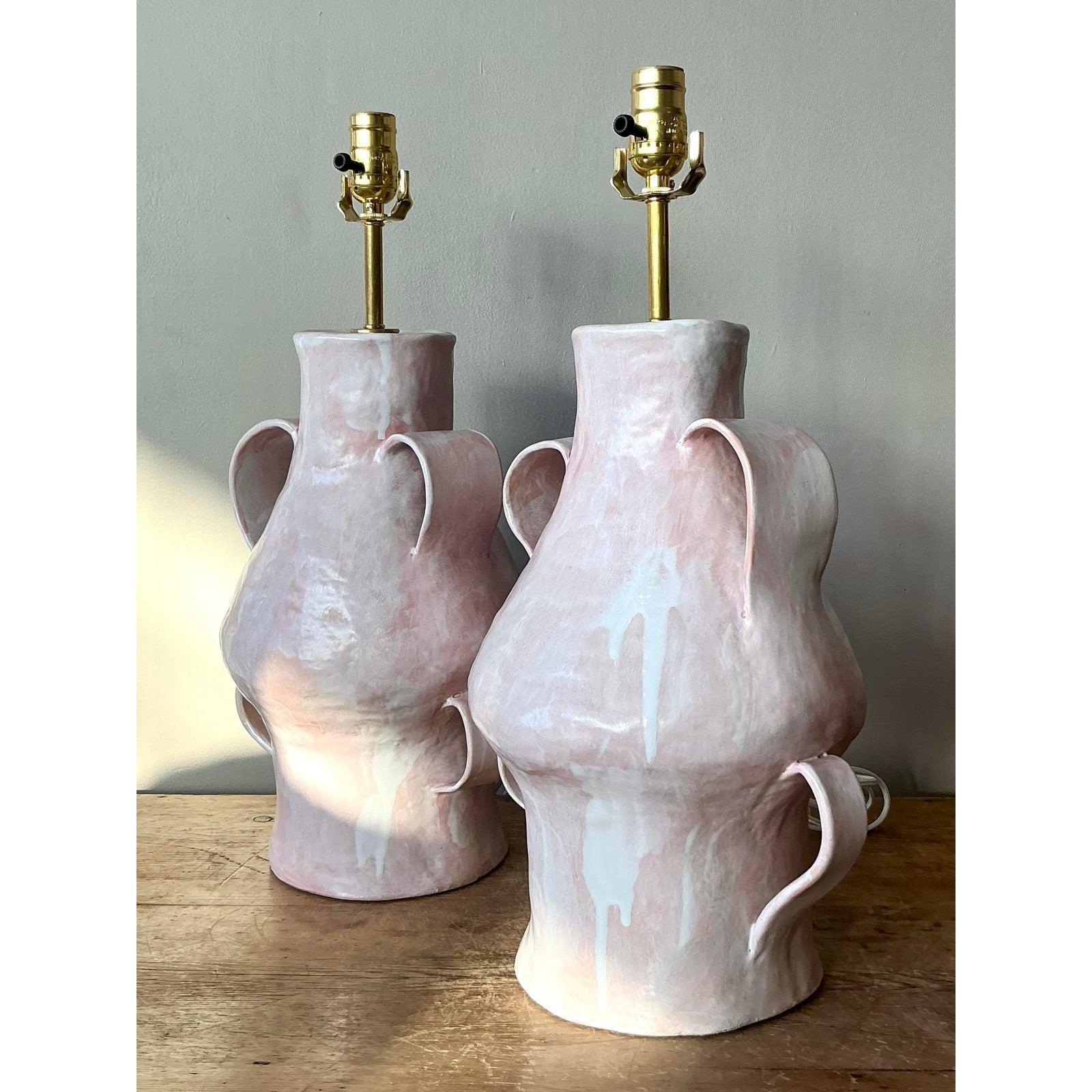 Post-Modern Vintage Boho Slab Built Biomorphic Studio Pottery Lamps - A Pair For Sale