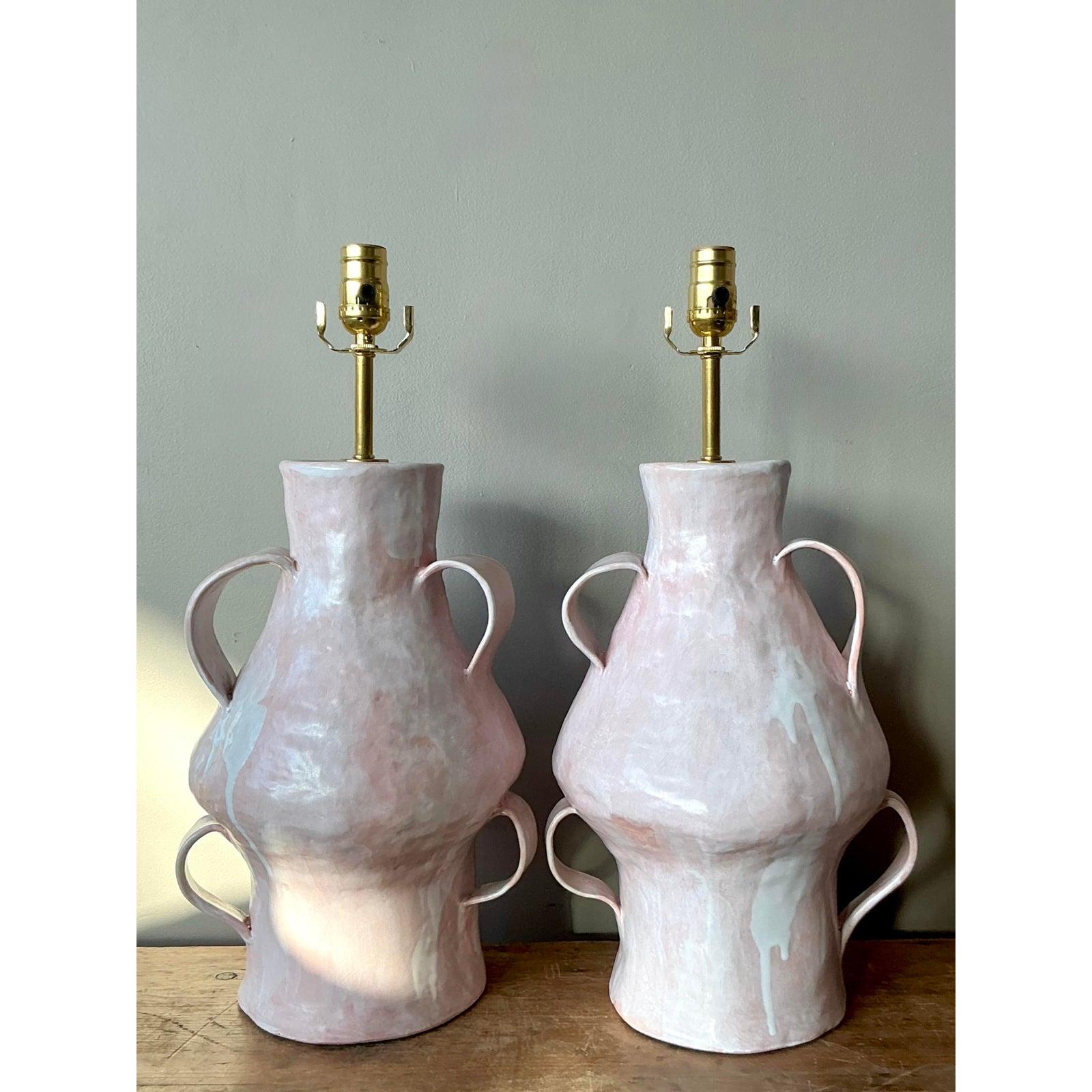 American Vintage Boho Slab Built Biomorphic Studio Pottery Lamps - A Pair For Sale
