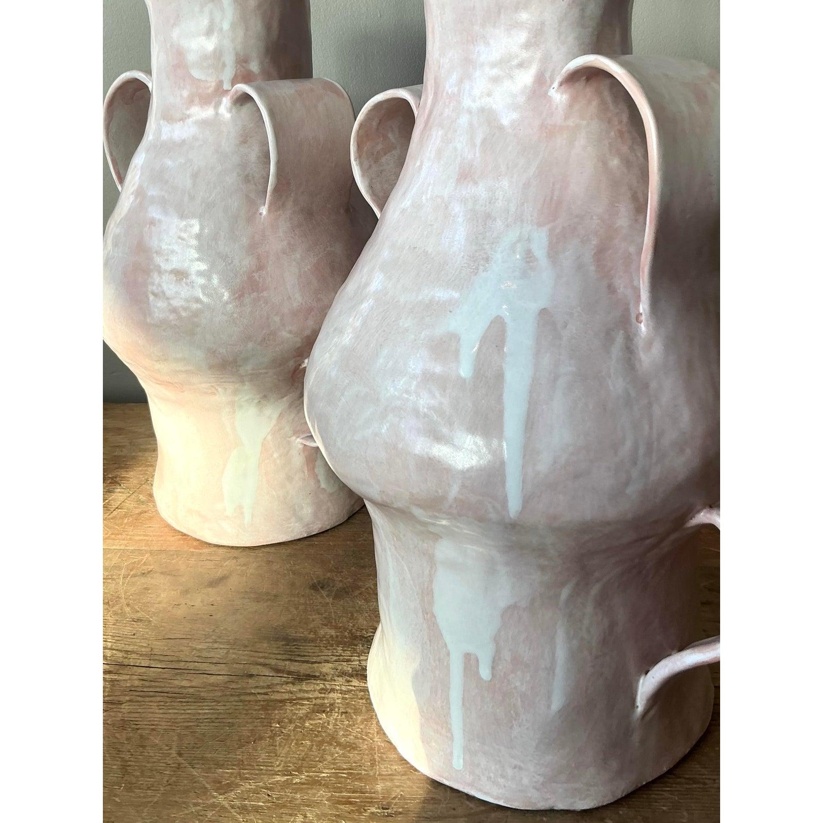 Vintage Boho Slab Built Biomorphic Studio Pottery Lamps - A Pair In Good Condition For Sale In West Palm Beach, FL