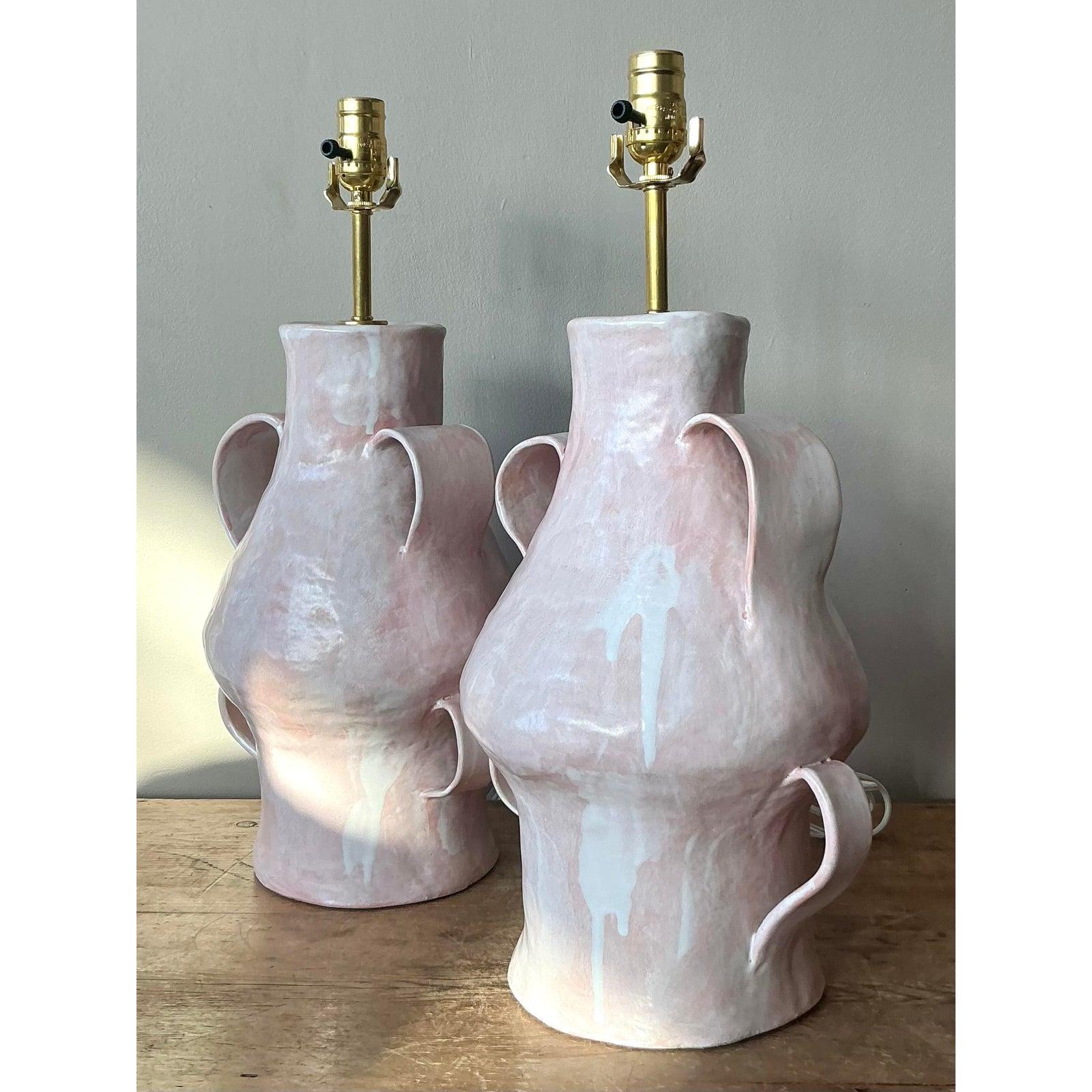 20th Century Vintage Boho Slab Built Biomorphic Studio Pottery Lamps - A Pair For Sale