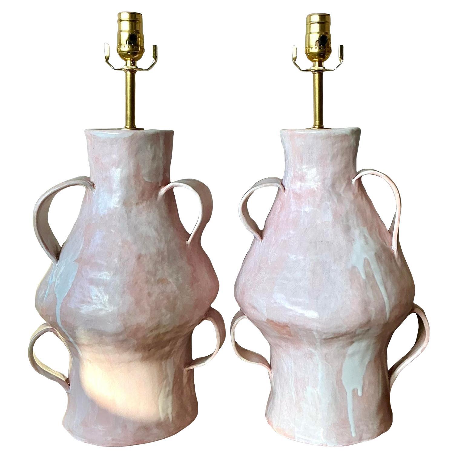 Vintage Boho Slab Built Biomorphic Studio Pottery Lamps - A Pair For Sale