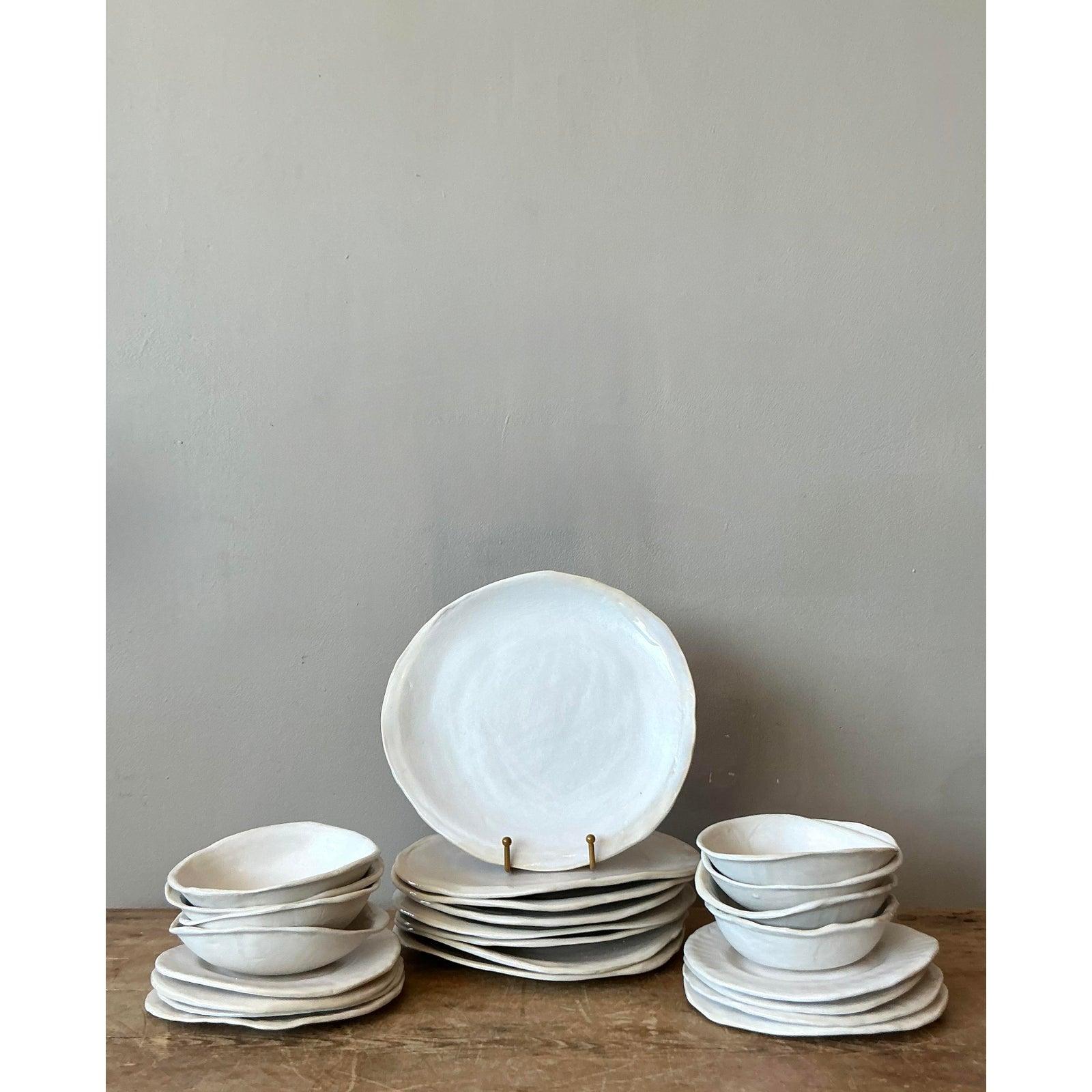 Minimalist Vintage Boho Slab Built Original Studio Pottery Dinnerware Set of 24 For Sale