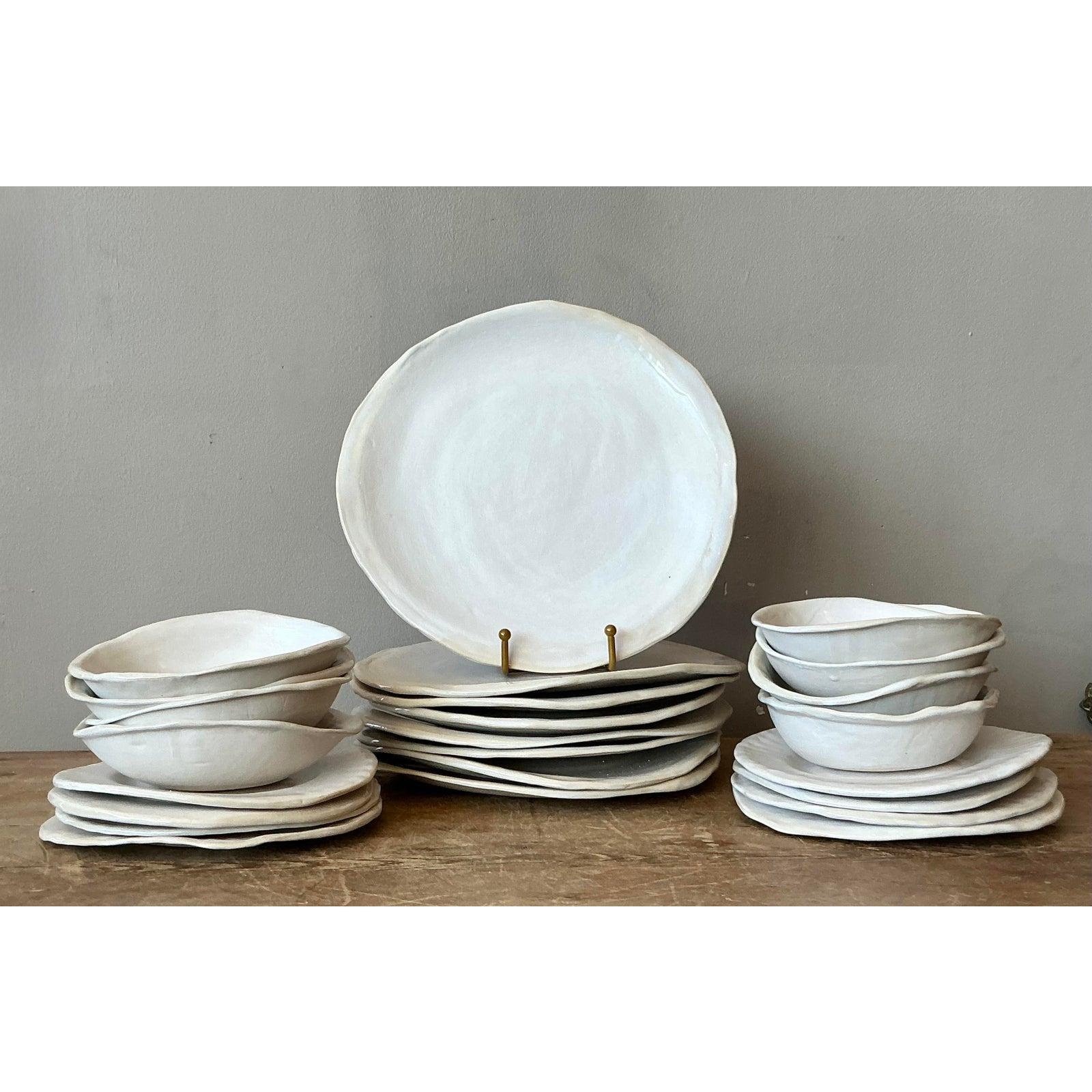 American Vintage Boho Slab Built Original Studio Pottery Dinnerware Set of 24 For Sale