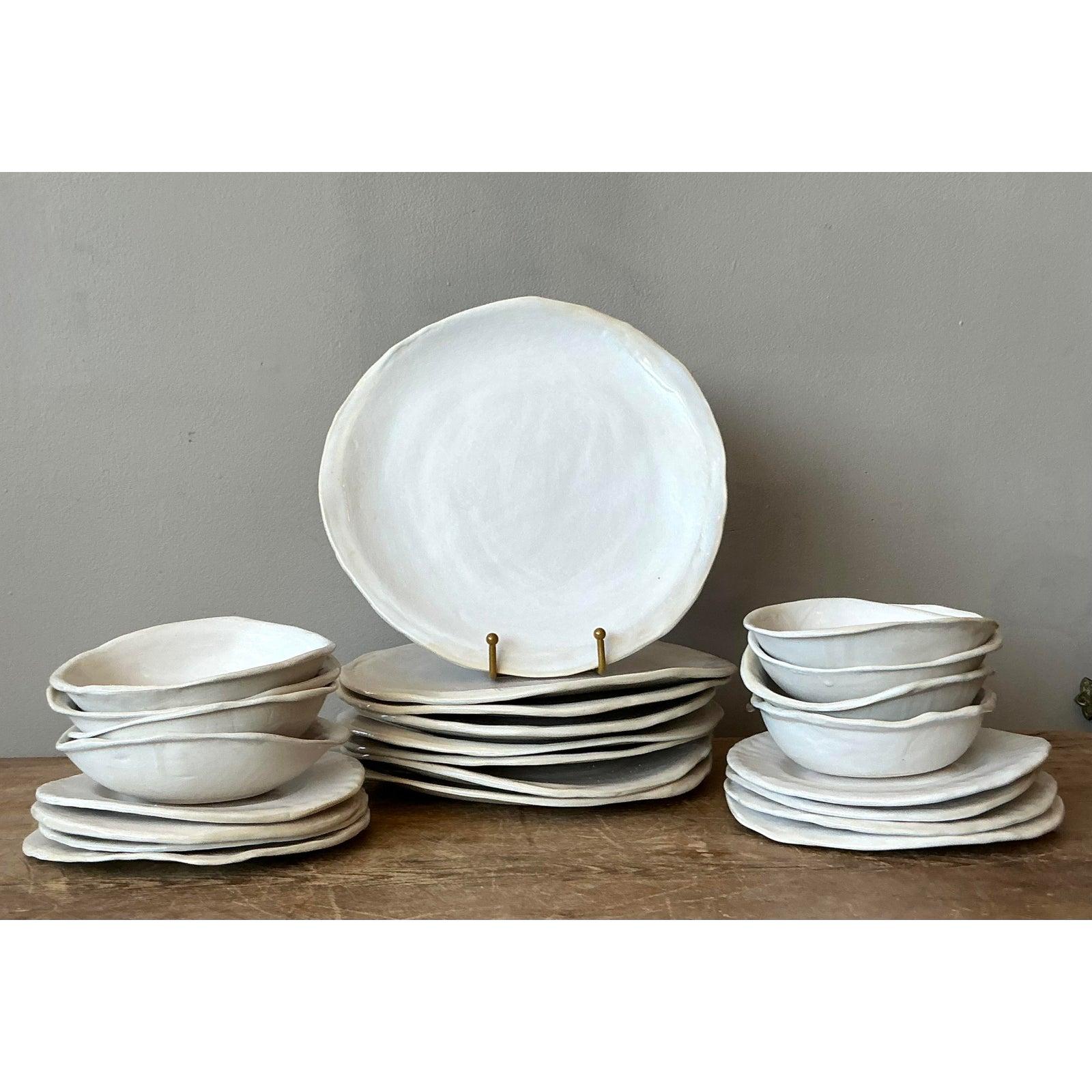 Vintage Boho Slab Built Original Studio Pottery Dinnerware Set of 24 In Good Condition For Sale In West Palm Beach, FL