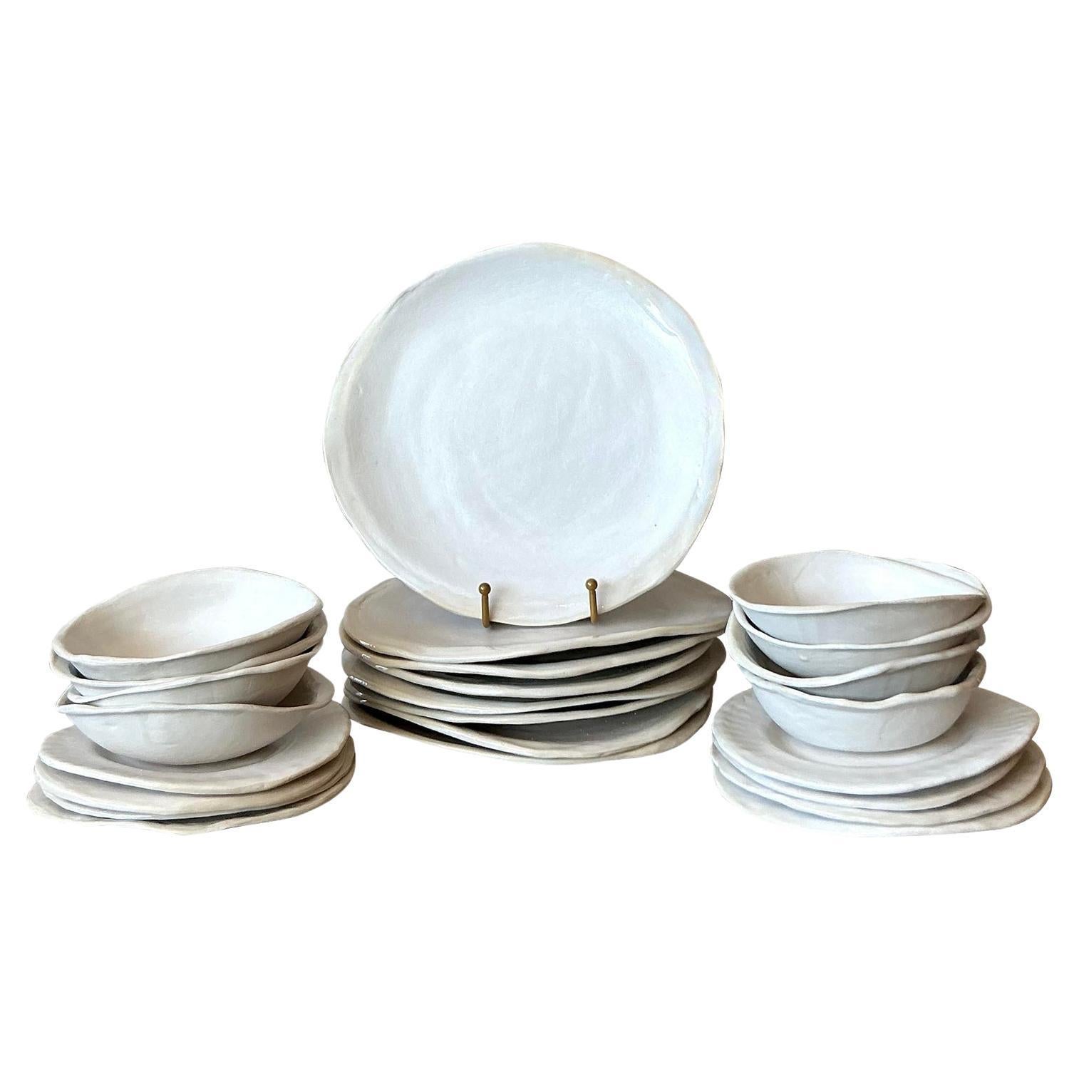 Vintage Boho Slab Built Original Studio Pottery Dinnerware Set of 24 For Sale