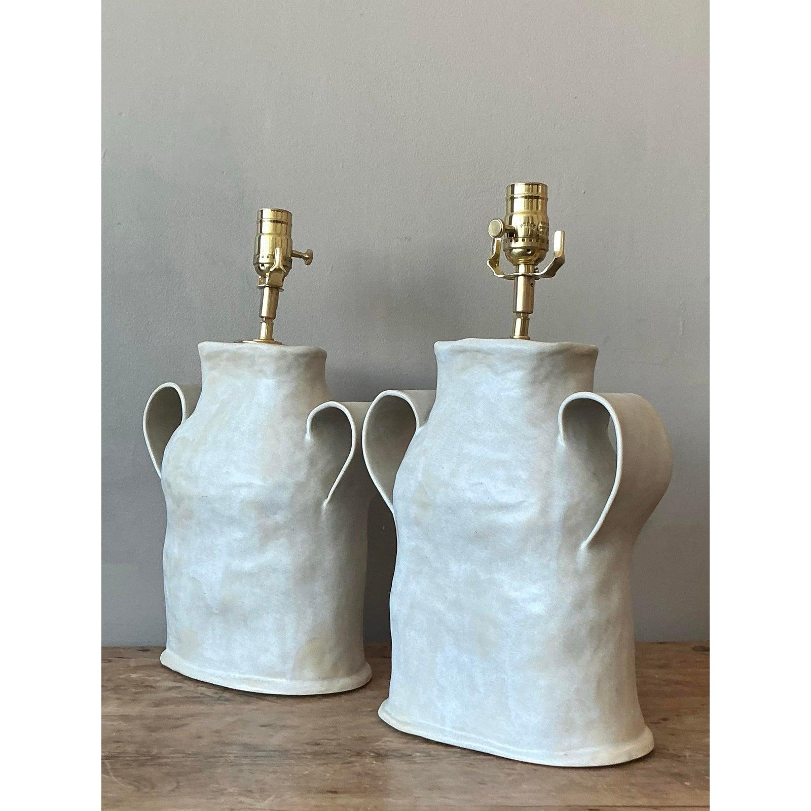 Vintage Boho Slab Built Studio Pottery Lamps - A Pair For Sale 6