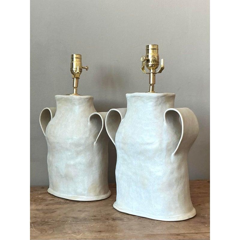 Vintage Boho Slab Built Studio Pottery Lamps - A Pair In Good Condition For Sale In West Palm Beach, FL