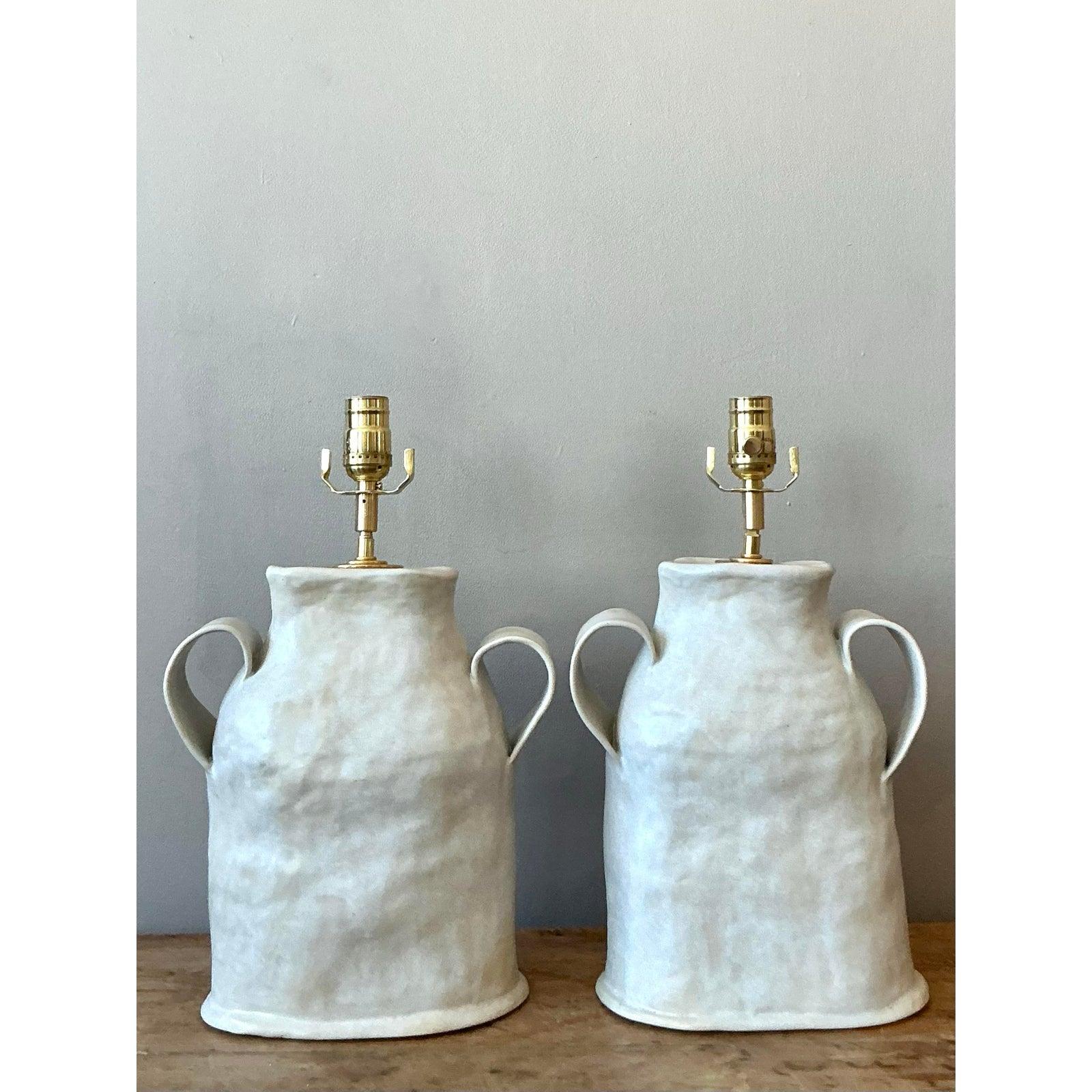 20th Century Vintage Boho Slab Built Studio Pottery Lamps - A Pair For Sale