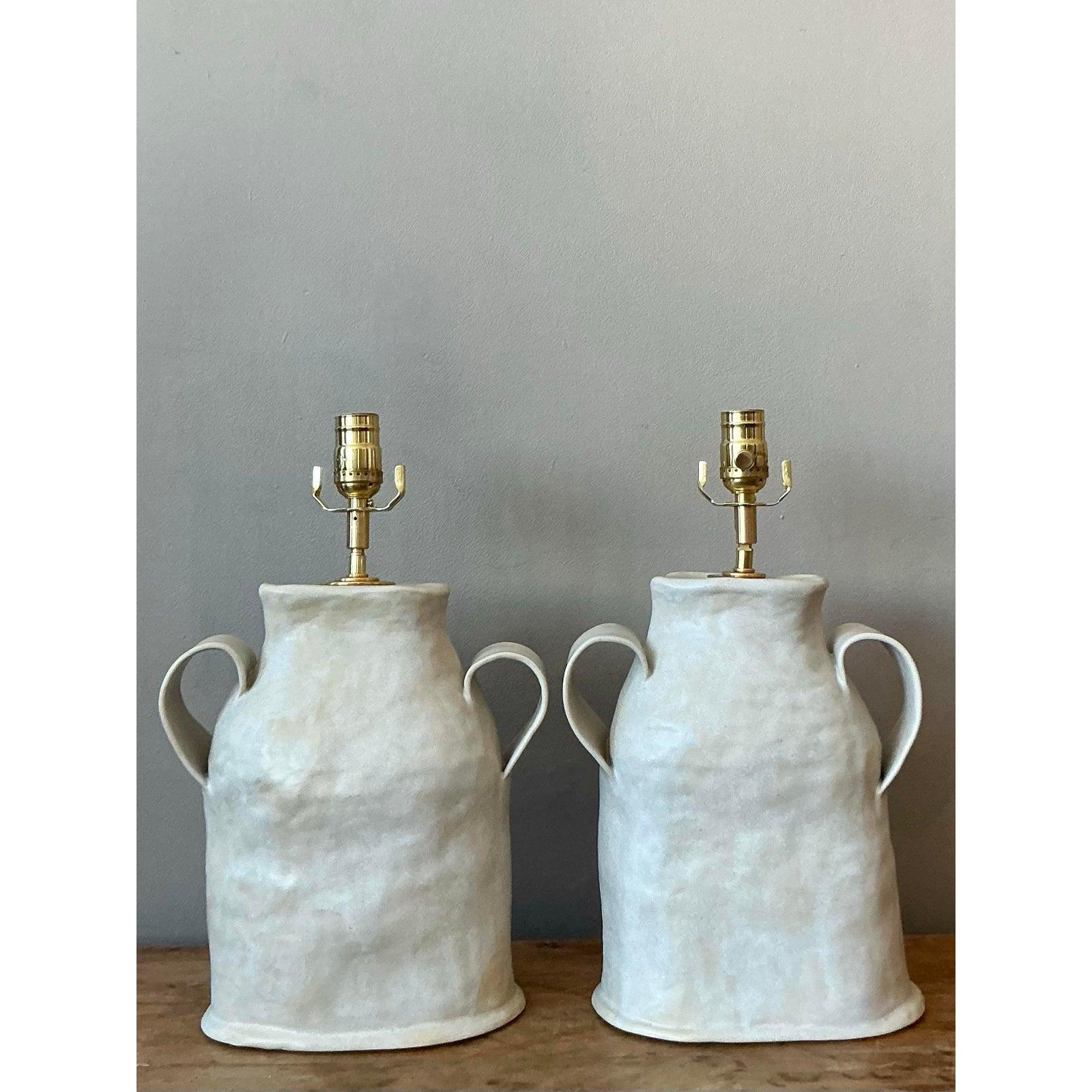Vintage Boho Slab Built Studio Pottery Lamps - A Pair For Sale 2