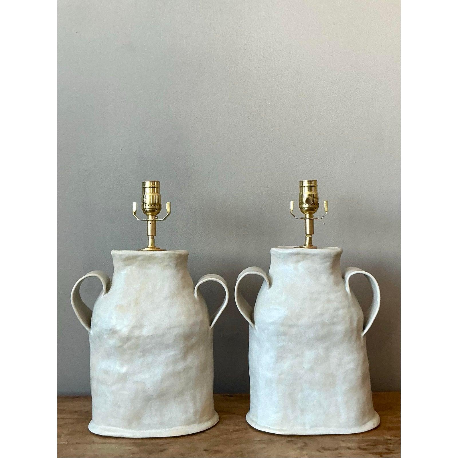 Vintage Boho Slab Built Studio Pottery Lamps - A Pair For Sale 4