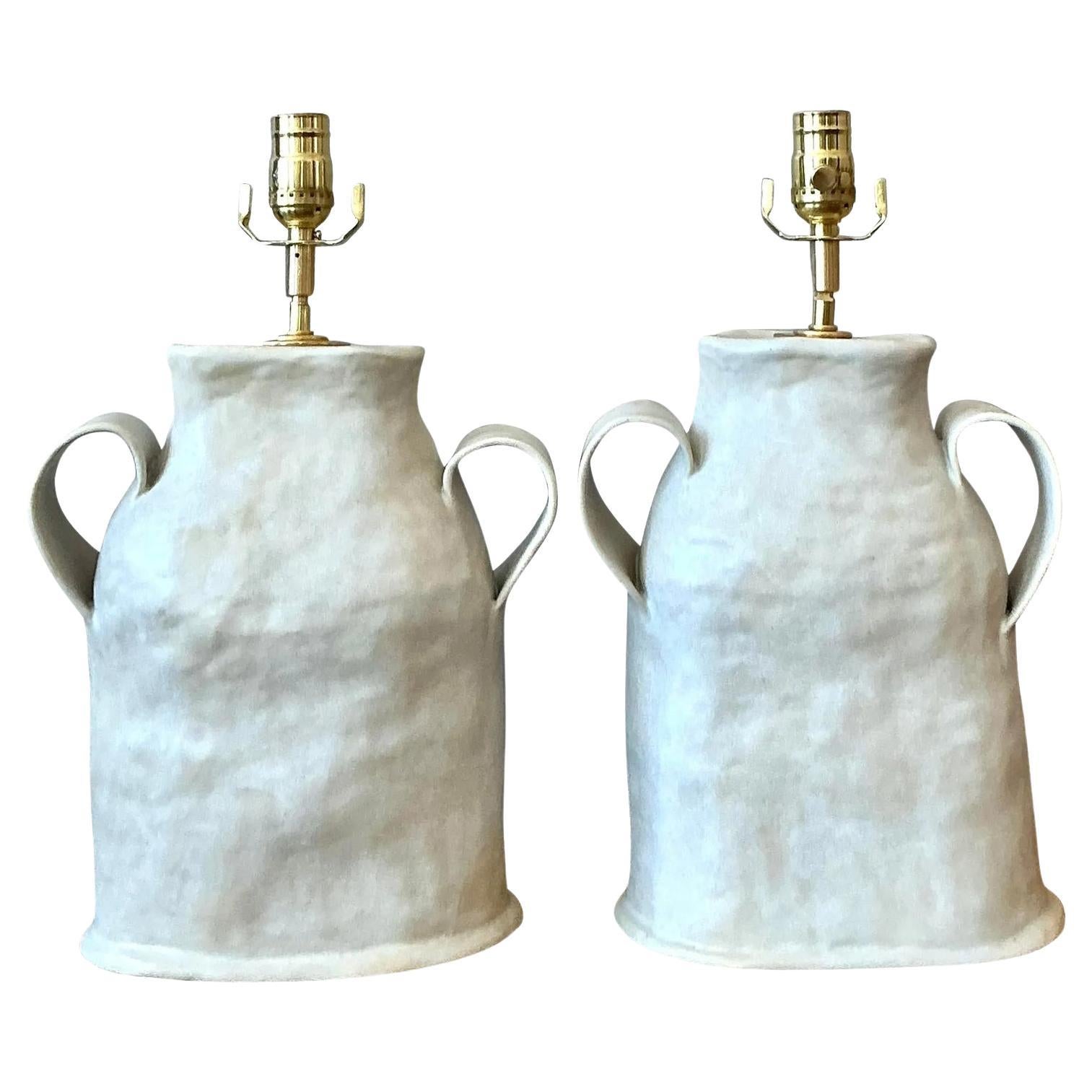 Vintage Boho Slab Built Studio Pottery Lamps - A Pair For Sale